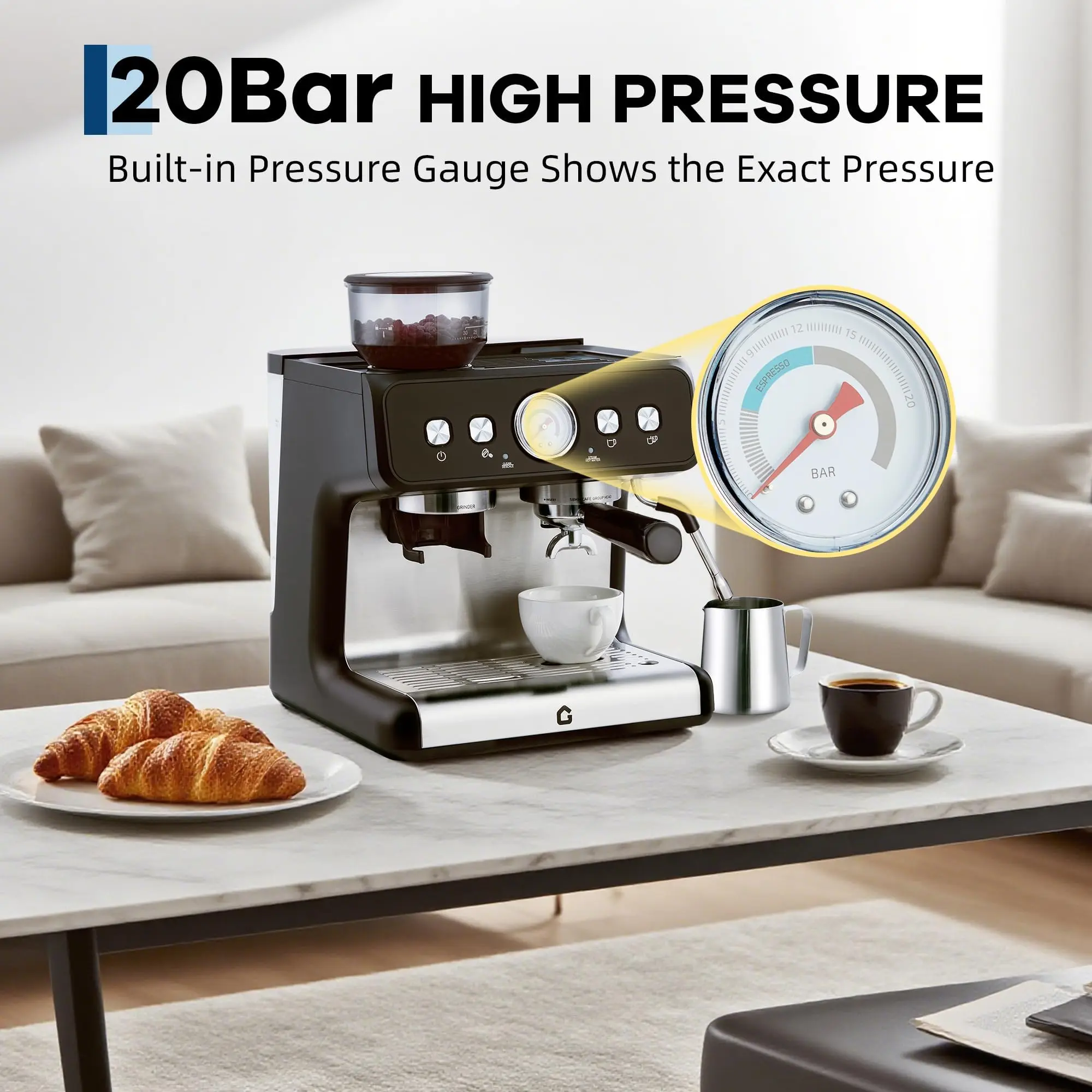 【GARVEE】20-Bar Stainless Steel All-in-One Espresso Machine with Grinder - 2.8L Removable Water Tank, Milk Frother Steam Wand, Adjustable Shot Volume for Latte and Cappuccino, Professional for Home and Office Use