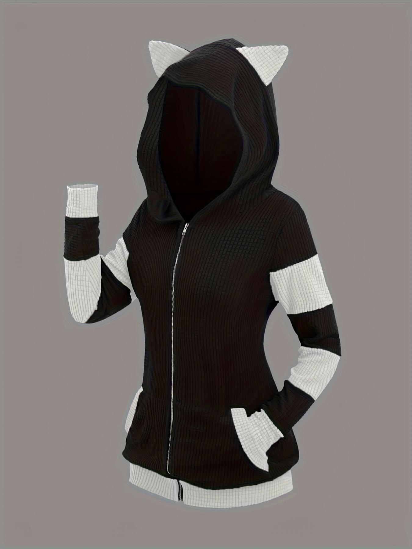 Women's Colorblock 3d Ear Design Textured Zip Up Hooded Coat, Cute Long Sleeve Pocket Outerwear for Fall & Winter, Women's Clothes for Daily Wear, Womenswear