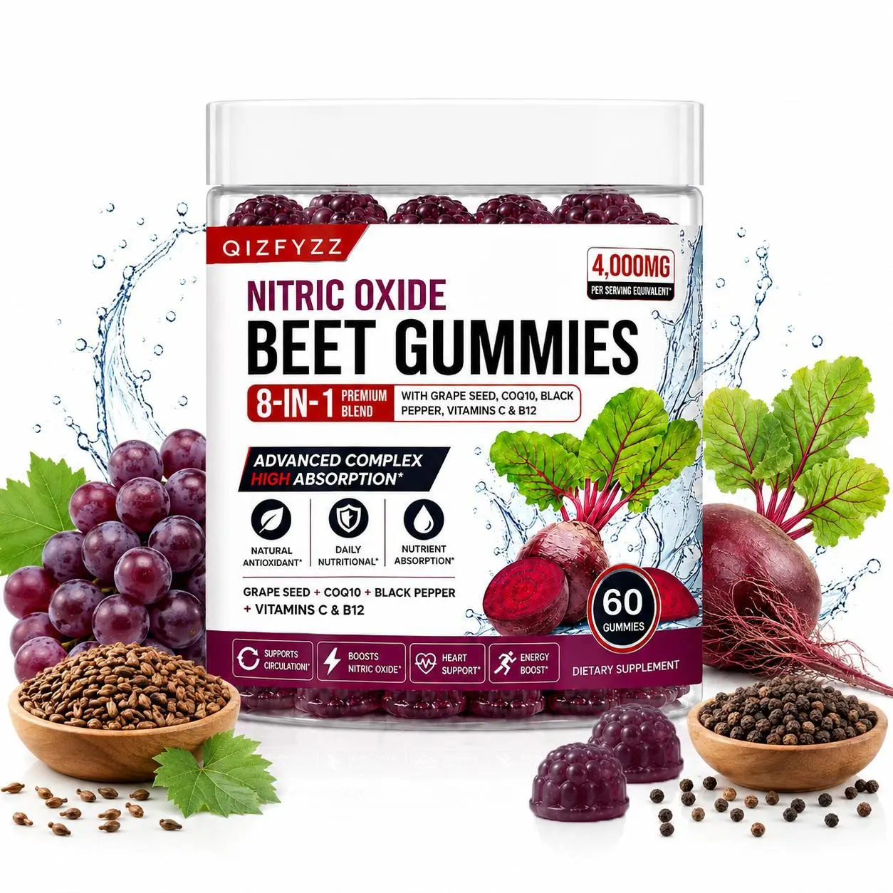 Nitric Oxide Beet Supplement Gummies, 4000mg 8-in-1 Blend with Grape Seed, CoQ10, Black Pepper, Vitamin C & B12, 60 Pieces, Energy Boost, Prop 65 Safe