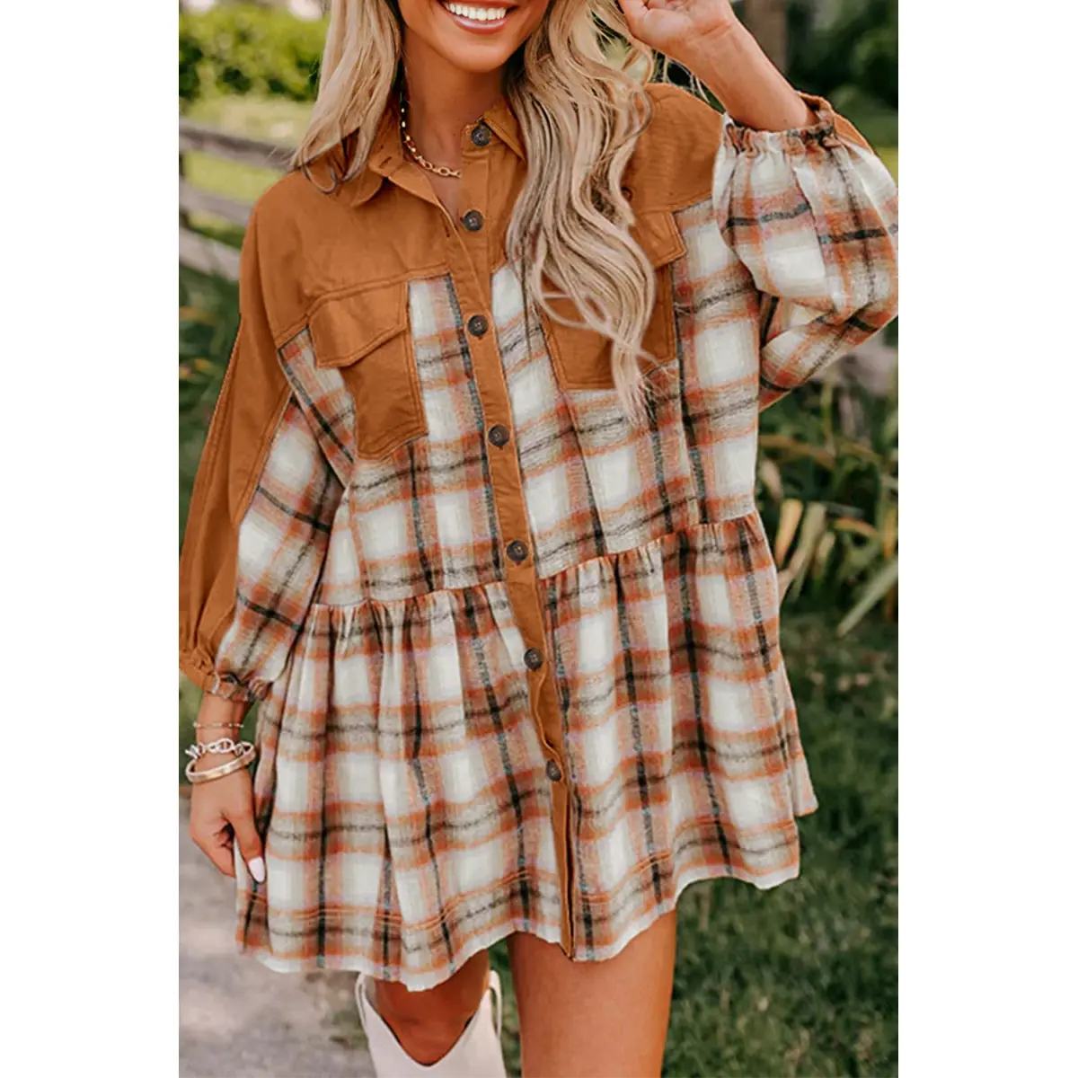 Khaki Plaid Color Block Patchwork Ruffle Hem Tunic Shirt Dress