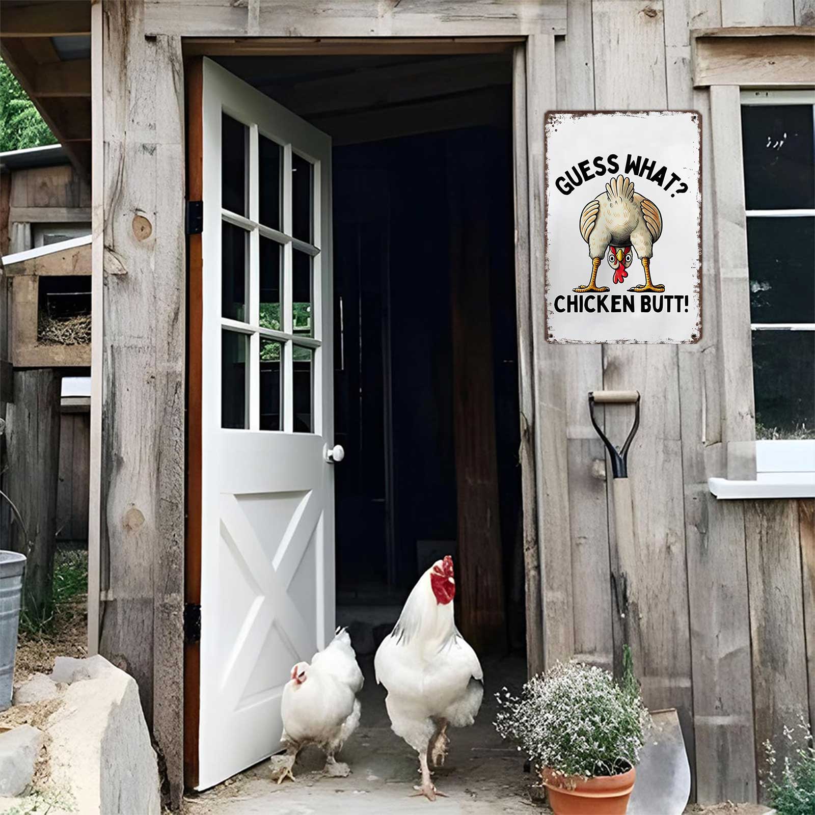 Guess What? Chicken Butt! Funny Chicken 8x12 Inch Aluminum Metal Sign - Humorous Wall Decor for Kitchen, Farmhouse, Chicken Coop, Dorm Room - Retro Tin Sign Gift for Chicken Lovers & Humor Fans