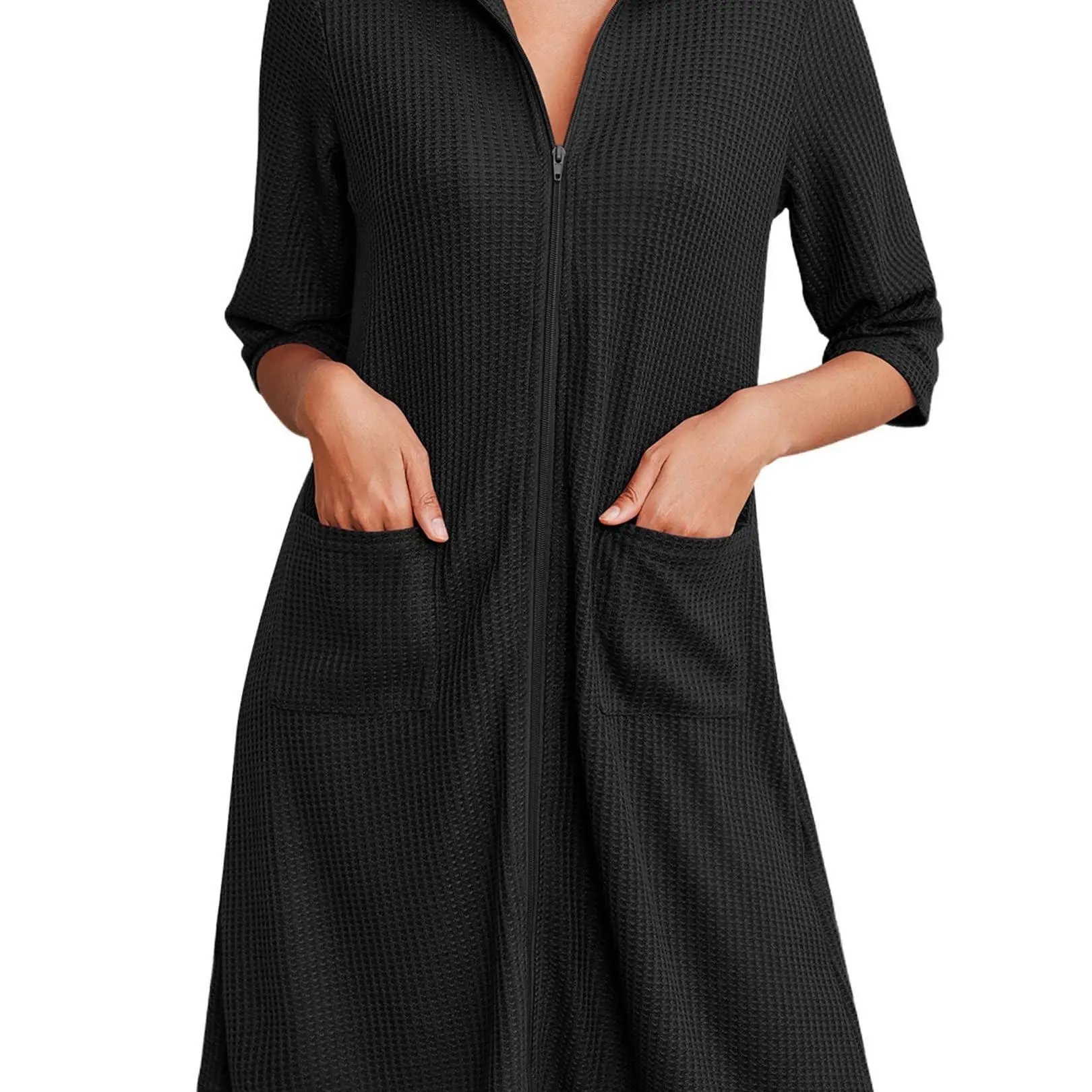 Zipper Robes for Women Waffle Knit Bathrobes Short Lightweight Knee Length Loungewear with Pockets S-XXL