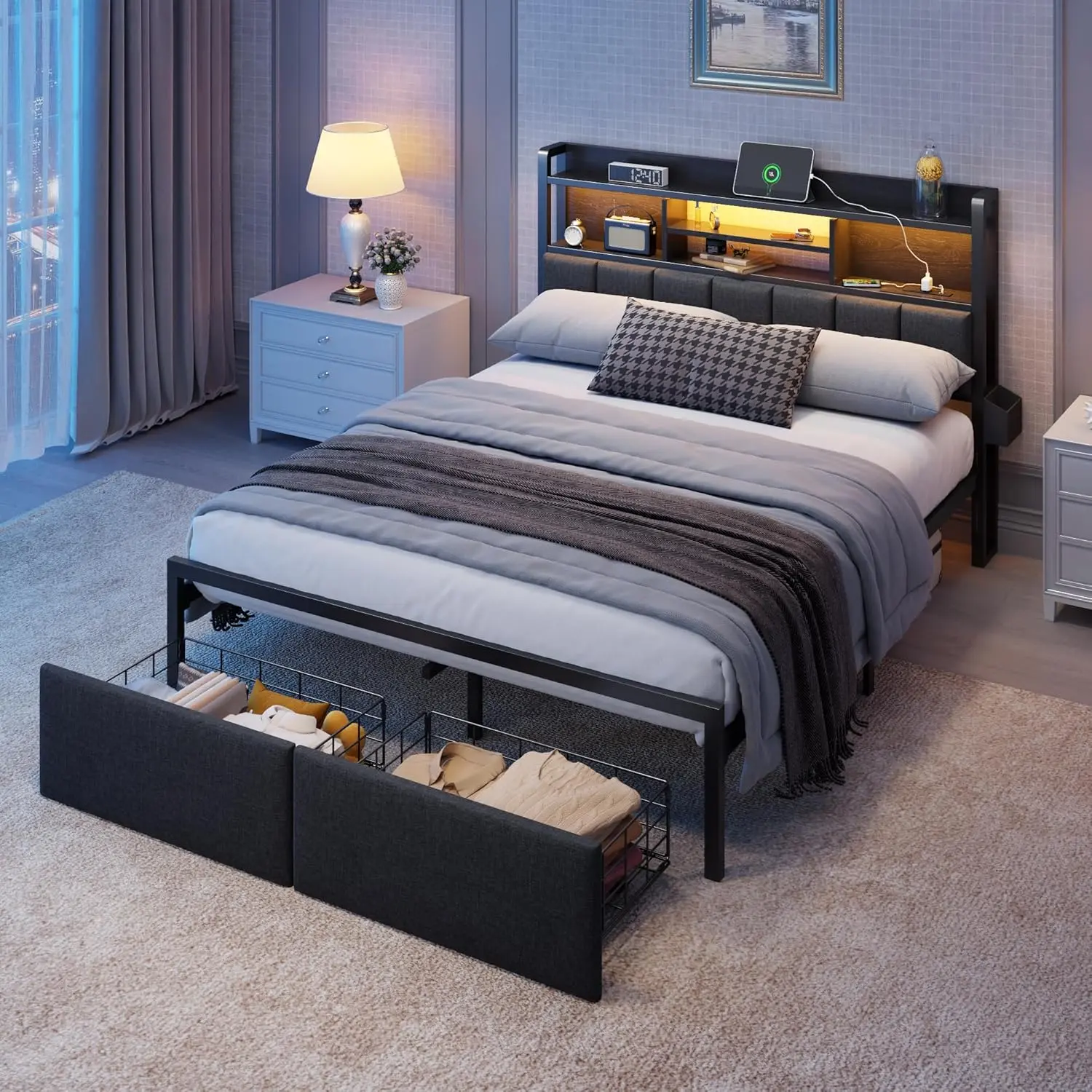 Modern Twin Upholstered Platform Bed Frame with LED Headboard – Hidden Storage Cabinet, Charging Station, Side Shelves, Pull-Out Drawer – No Box Spring Needed – Perfect for Kids, Guest, and Small Bedrooms