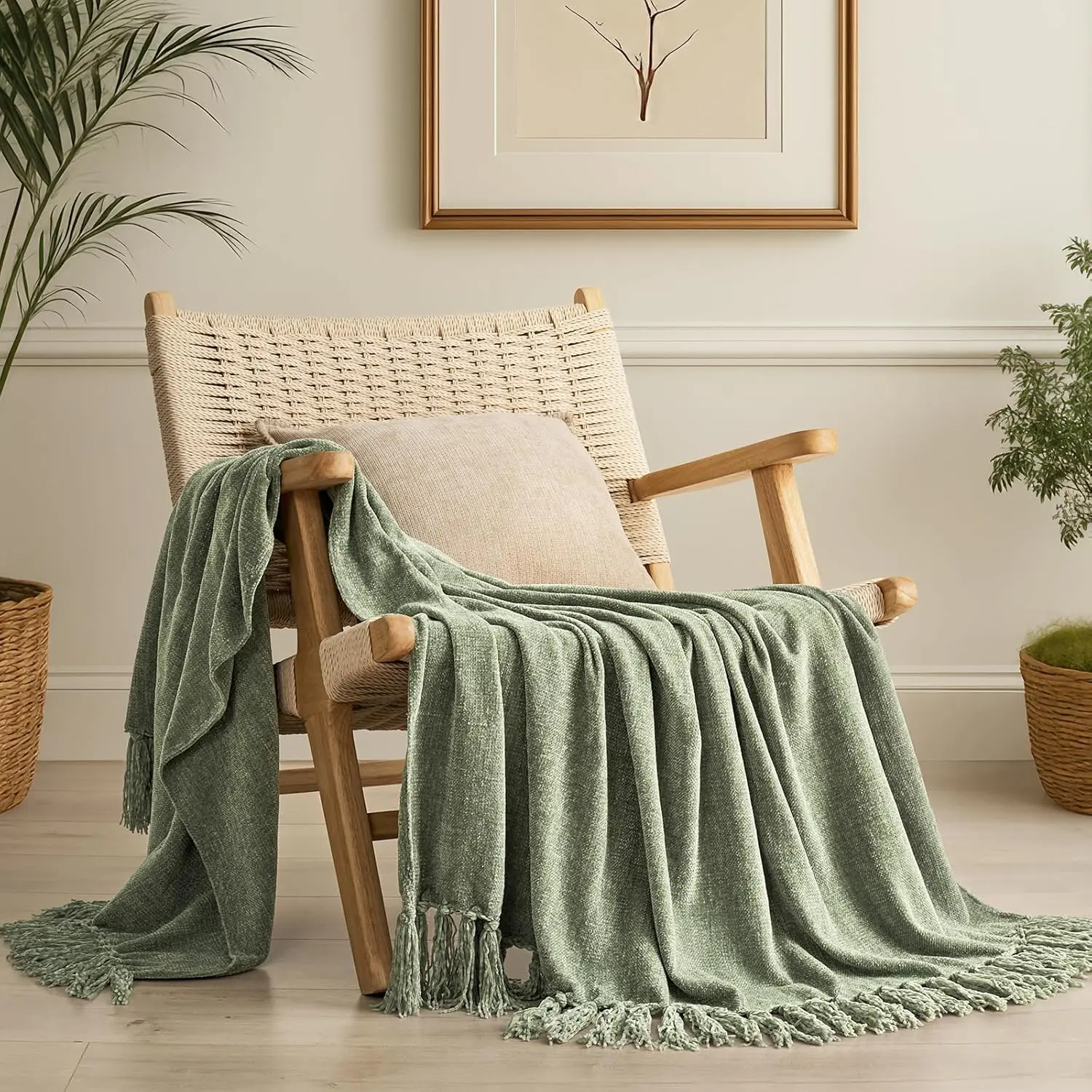 Sage Green Chenille Throw Blanket - Soft, Cozy Plush Fuzzy Knit with Tassels, 50x60 Lightweight Home Decor for Couch Bed, Ideal Gift for Home Supplies