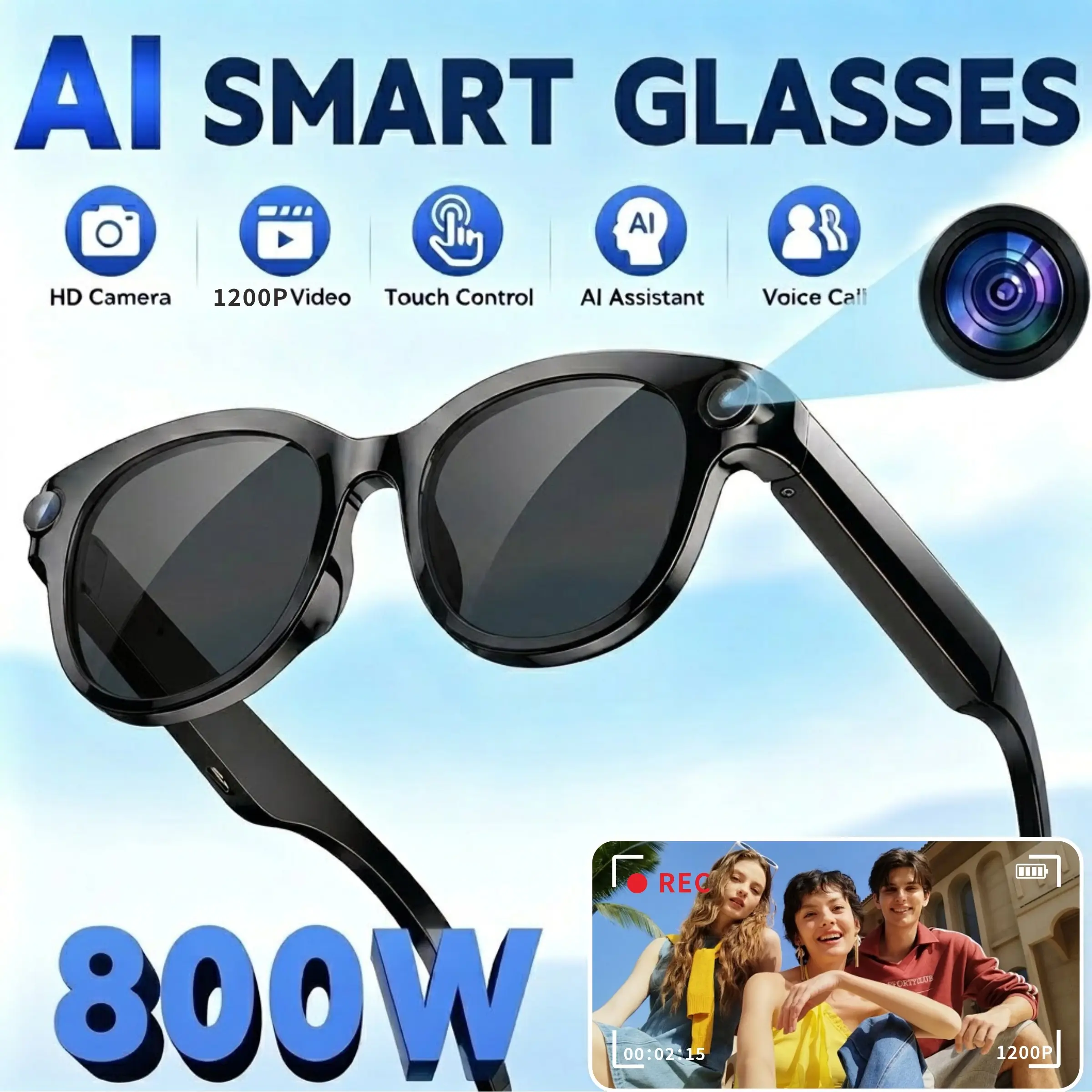 Smart camera glasses, 8-megapixel high-definition video recording glasses (with audio function), wireless camera with photochromic lens, real-time translation, voice assistant, object recognition, hands-free music and calling. Wireless 5.4, sunglasses.