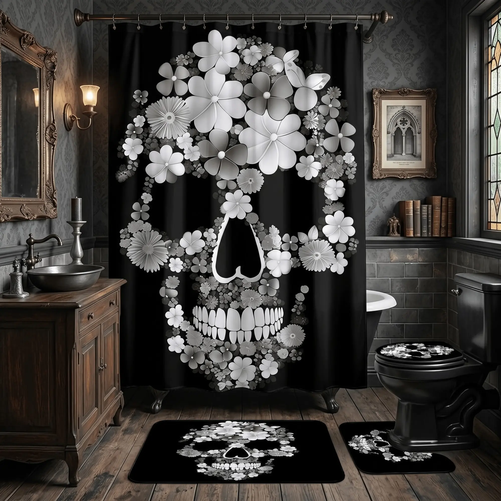 Cool Skull Bathroom Set & 3 Wise Skulls Shower Curtain, Unique Decor Bundle, Expressive Style, Fast Shipping, Trendy Home Accessories