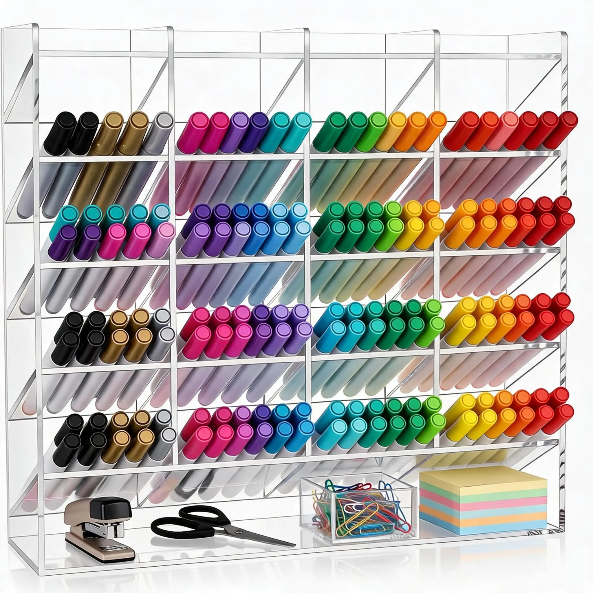Clear Acrylic Multi-Compartment Pen Holder and Marker Organizer, Desk Storage Rack for Office Supplies, Art Materials, Makeup, and Lipsticks, Measures 13 x 4 x 12.4 Inches