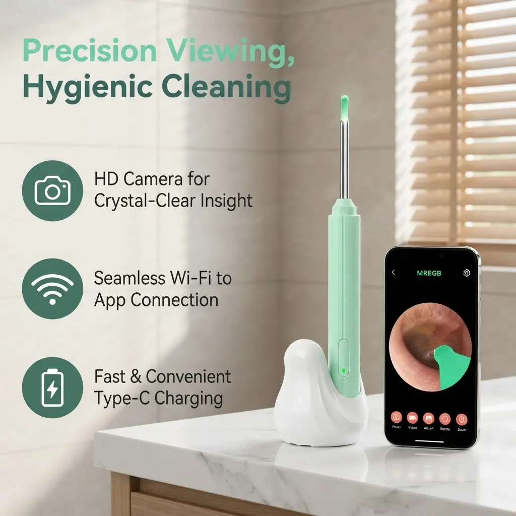 Earwax Removal Tool Kit with Camera, 360 °   Wide‑Angle Visual Ear Cleaner, Type‑C Recharge Waterproof, iPhone & Android Compatible