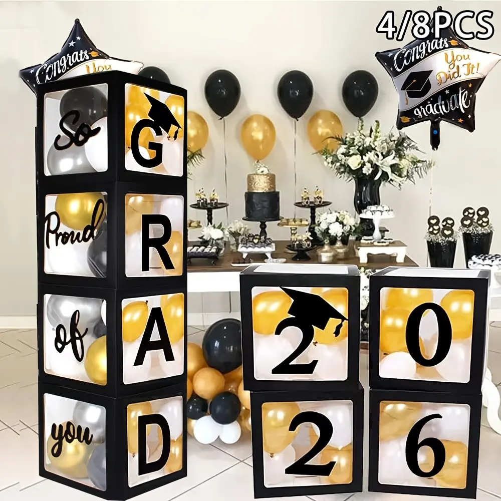 Large Size 2026 Graduation Party Decorations, 4/8Pcs Black Balloon Boxes with 2026 Grad & So Proud Of You Letters, Grad Party Supplies Favors for School Graduation Celebrations