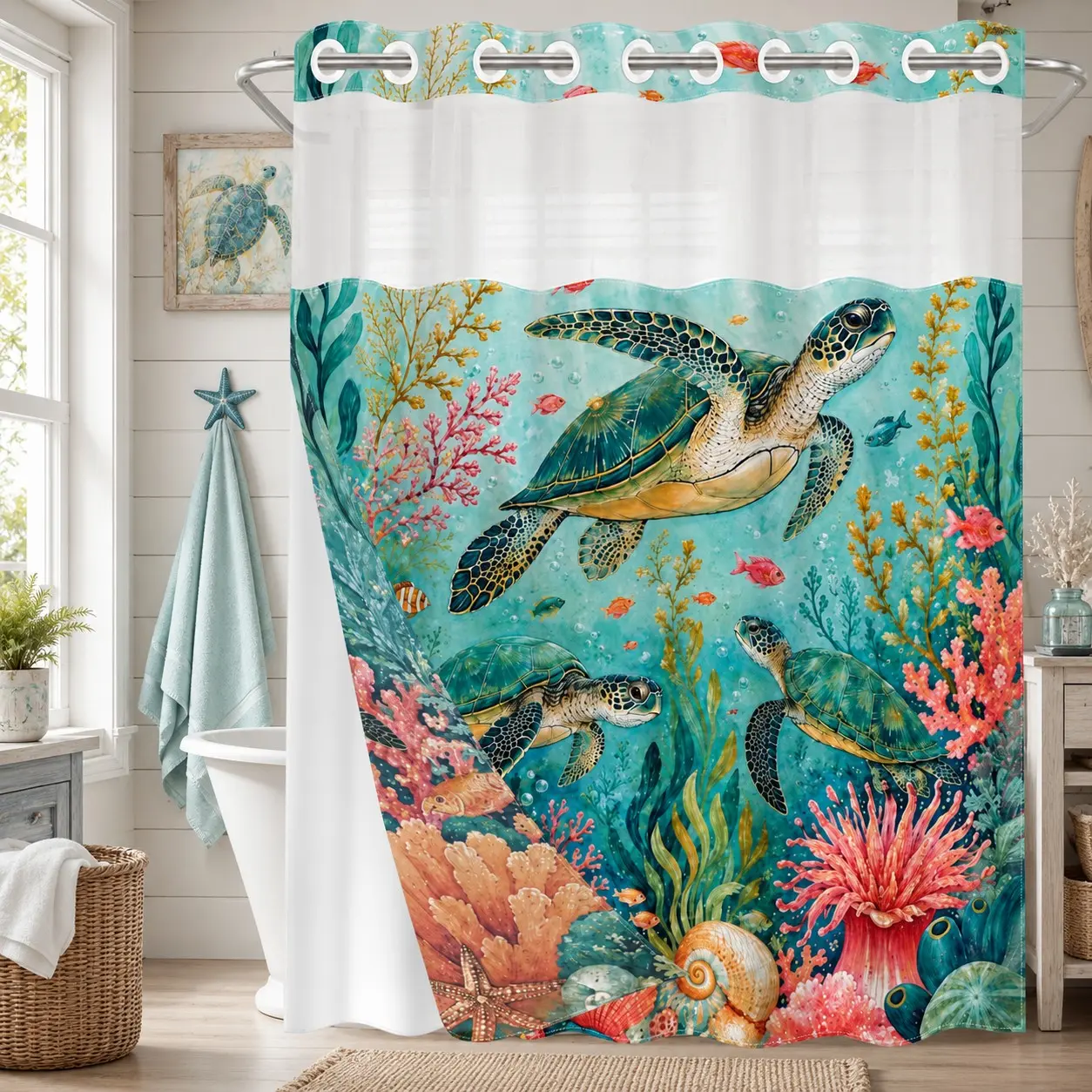 1Pc Hookless Double Layer Shower Curtain Set, Sea Turtle Coral Reef Print, Snap-In Waterproof Mildew-Resistant Liner, Fabric Outer Curtain with Sheer Viewing Window, 71×74 Inch, Machine Washable, for Home, Apartment and Hotel Bathrooms