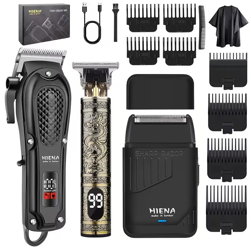 HIENA 3-Piece Electric Hair Clippers Set with LED Battery Display, USB Portable Charging, Home Cordless Hair Clippers, Cordless Hair Cutting, Barbershop Styling Tools, Beard Trimmer, Perfect Gift for Men