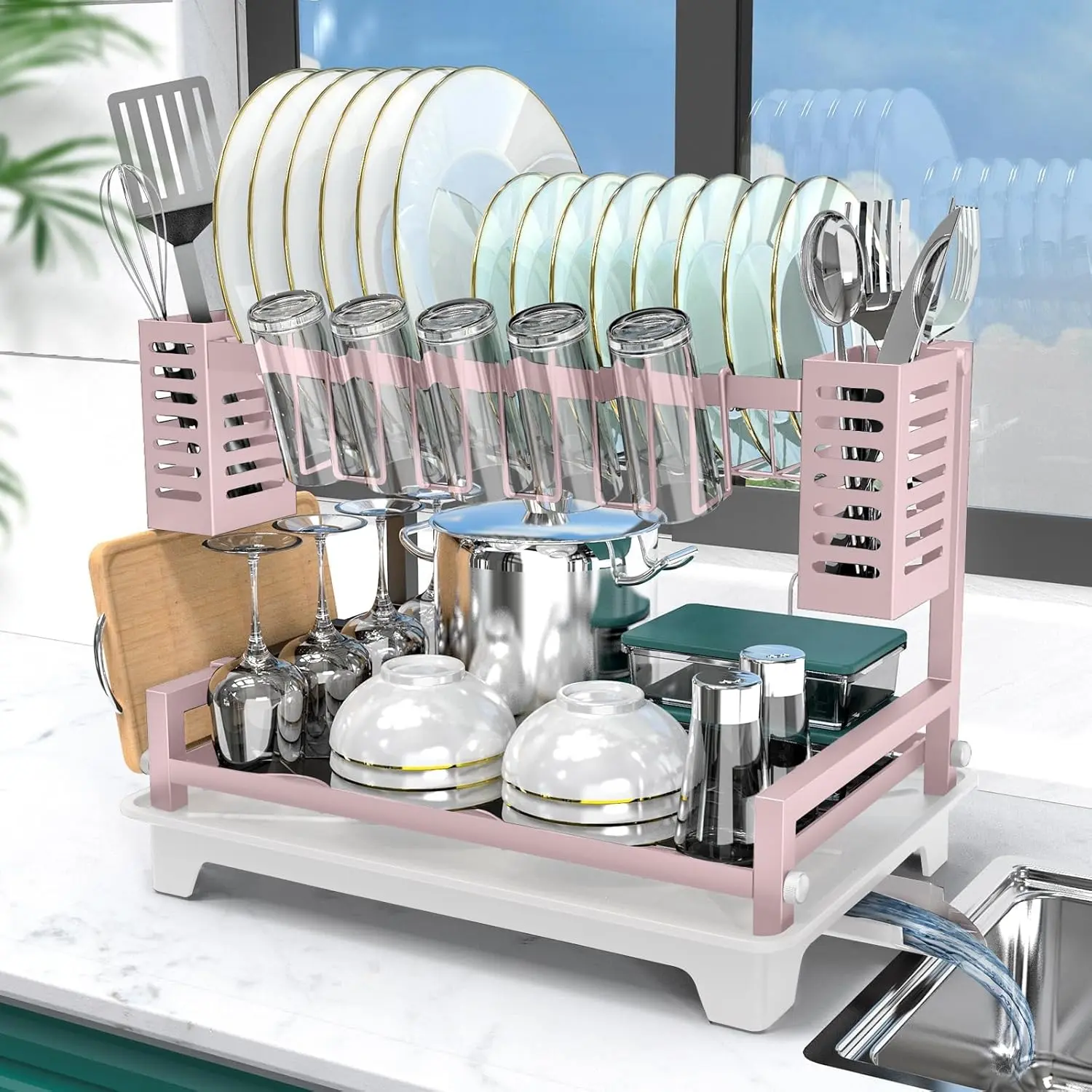 2-Tier Dish Drying Rack Organiser with Drainboard, Large Kitchen Counter Dish Drainer, Utensil Holder, Cup Rack & Cutting Board Holder, Kraft