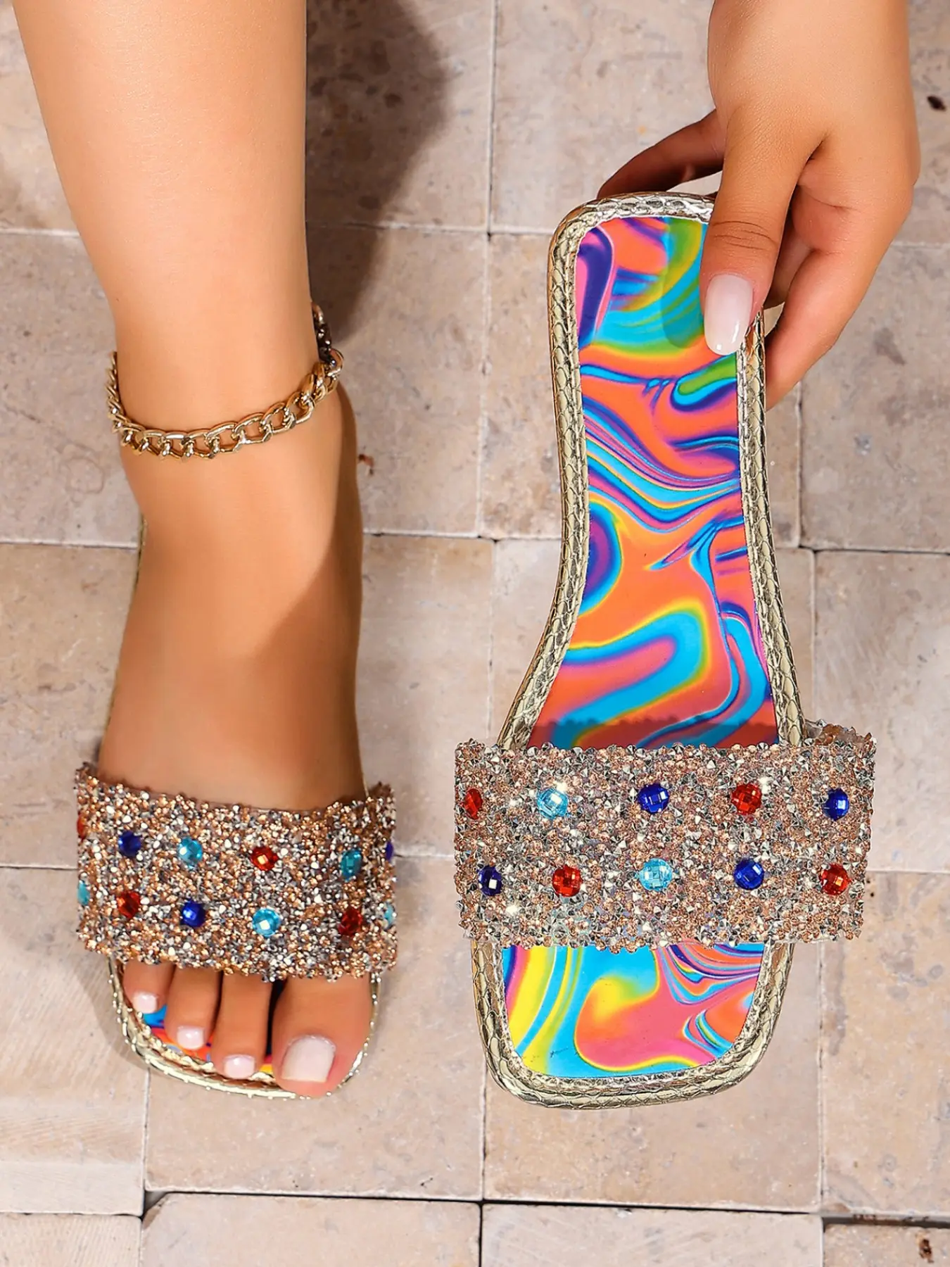 Trendy Ladies Bling Crystal Gem Embellished Single Band Slides, Swirl Rainbow Marbled Pattern Footbed Metallic Woven Edge Flat Open Toe Beach Walking Sandals