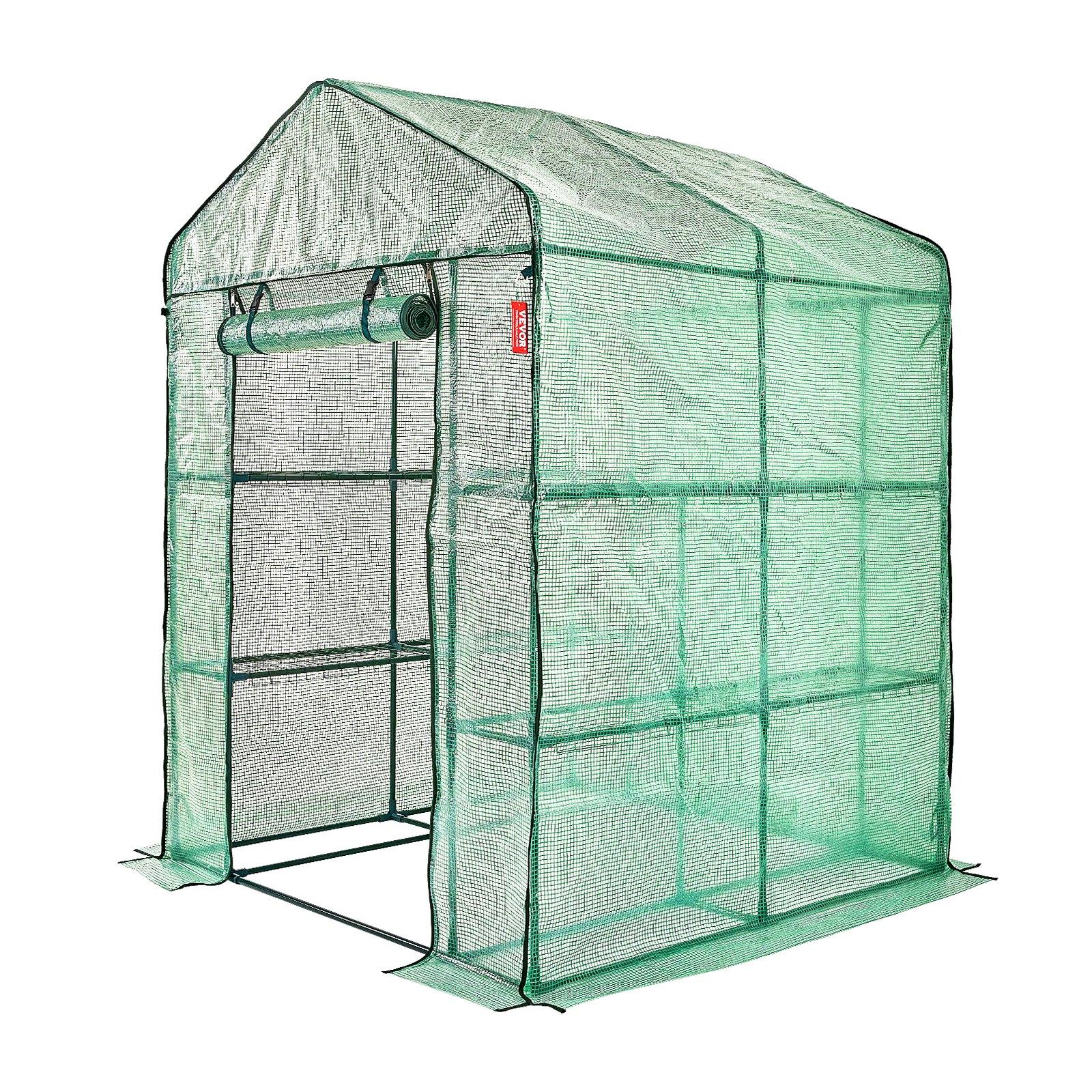 VEVOR Walk-in Green House, 4.6 x 4.6 x 6.6 ft , Greenhouse with Shelves, High Strength PE Cover with Zipper Door and Steel Frame, Assembly in Minutes, Suitable for Planting and Storage