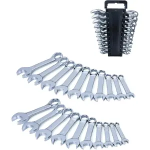 20- Metric and SAE  Stubby Combination Wrench Set with Storage Rack| Metric 10mm to 19mm, SAE 5/16 to 7/8, No Skipped Size| Cr-V Steel, Mirror Chrome Finish, Short Length and Slim