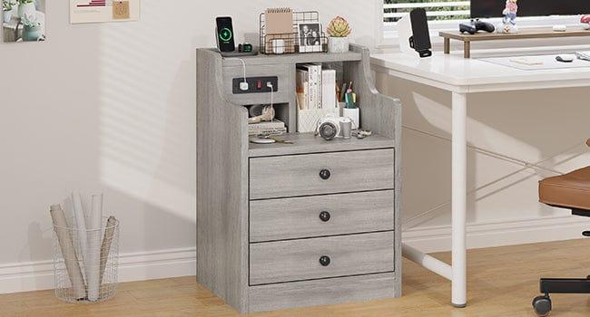 Sikaic Grey Nightstand with 3 Drawers & Charging Station Modern Bedside Table 2 USB Ports 2 Outlets for Phones Tablets Ideal for Bedroom Essentials