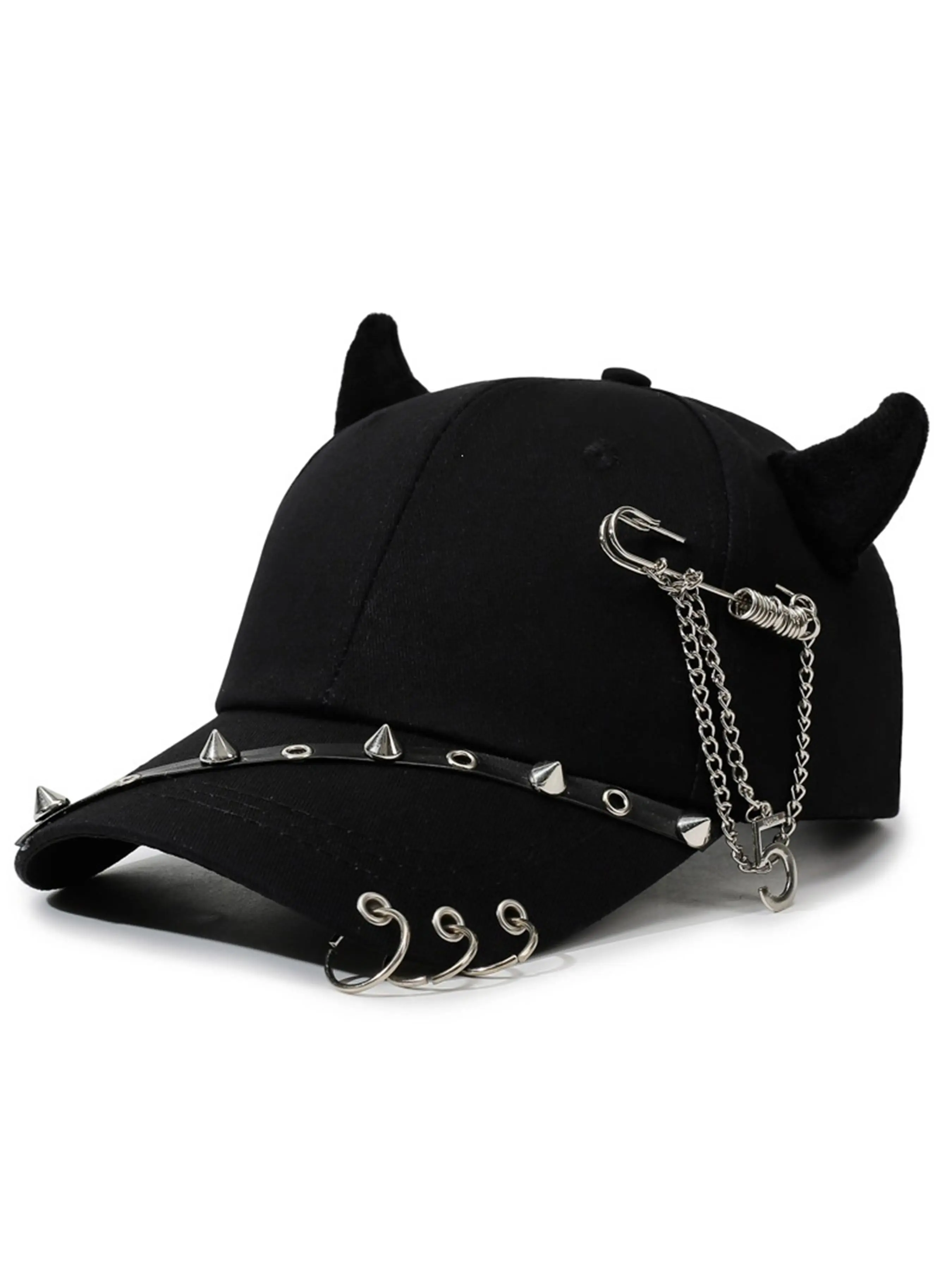 Punk Devil Horn Baseball Cap, Spiked Chain Gothic Metal Rivet Streetwear Dad Hat, Adjustable Y2K Dark Style Demon Ear Cap, Fashionable Hats