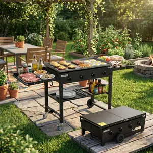 60000 BTU 36 Inch Flat Top Griddle Grill 4 Burner Propane Gas Grill with Wheels and Foldable Side Shelves Portable Outdoor Cooking Grill for Camping and BBQ.
