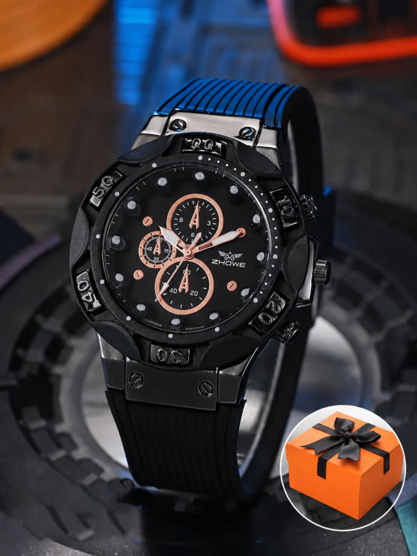 Men's Large Dial Quartz Watch, Silicone Strap, Night Light, Analog Face, Casual Style, Gift Box Included, All Seasons Wear