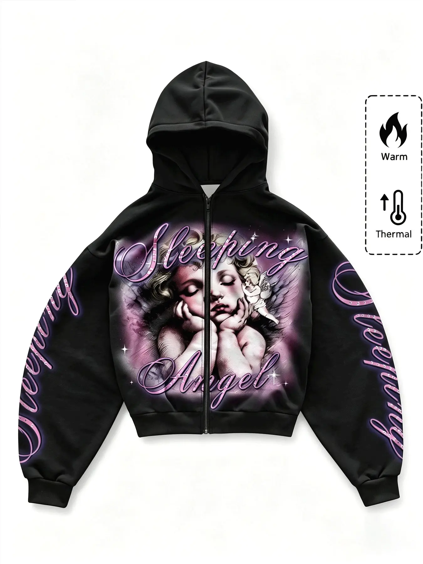 Men's Black Thermal Fleece Full Zip Up Hoodie, Sleeping Angel Cherub Portrait Purple Glow Cursive Letter Print Gothic Y2K Grunge Oversized Streetwear Zip Hooded Jacket with Kangaroo Pocket for Men