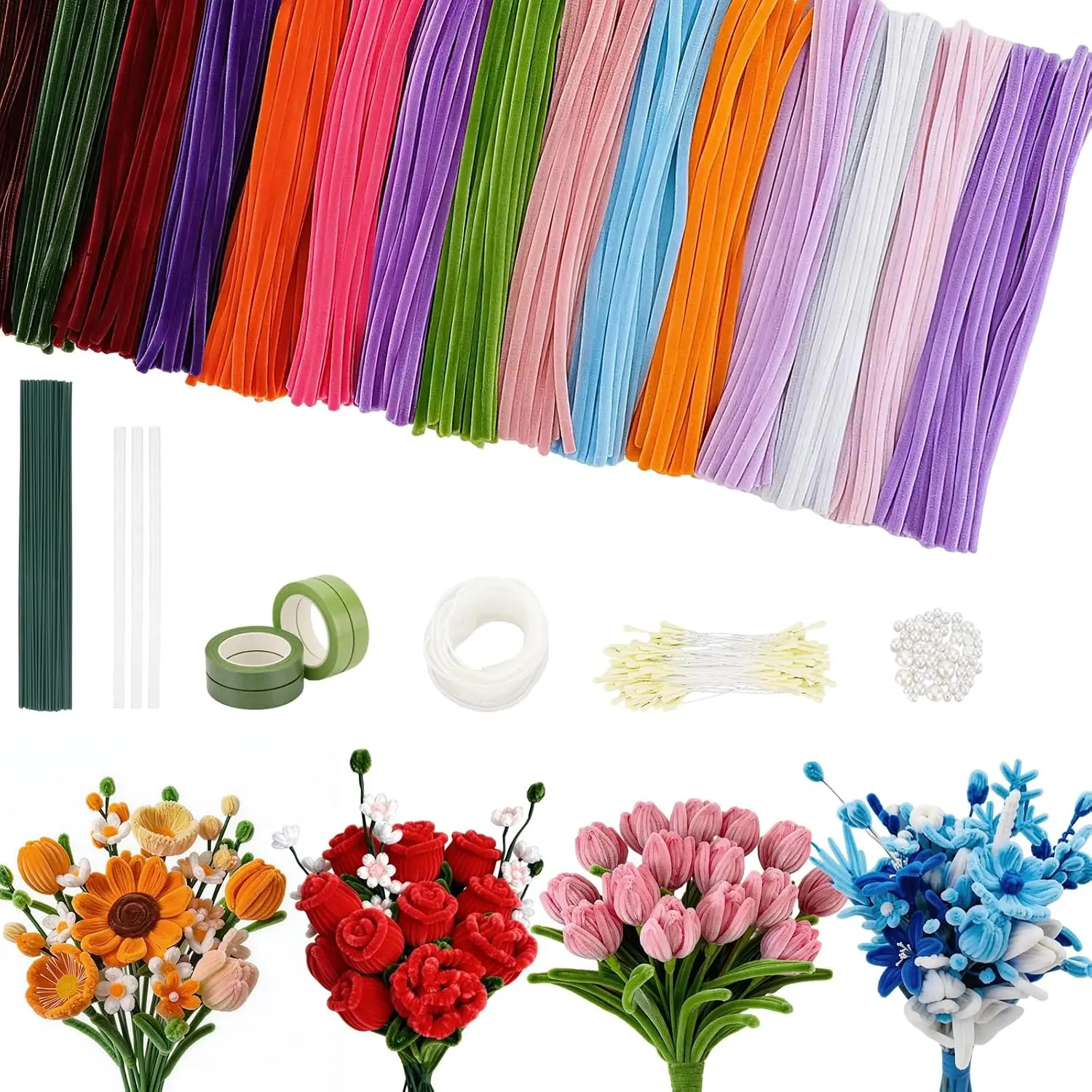 800 count Thick Pipe Cleaners Craft, 15 Colors Pipe Cleaners  Kit, Colorful Flower Making Kit with Chenille Stems with Instruction, Arts and Craft Projects Creative DIY Decorations