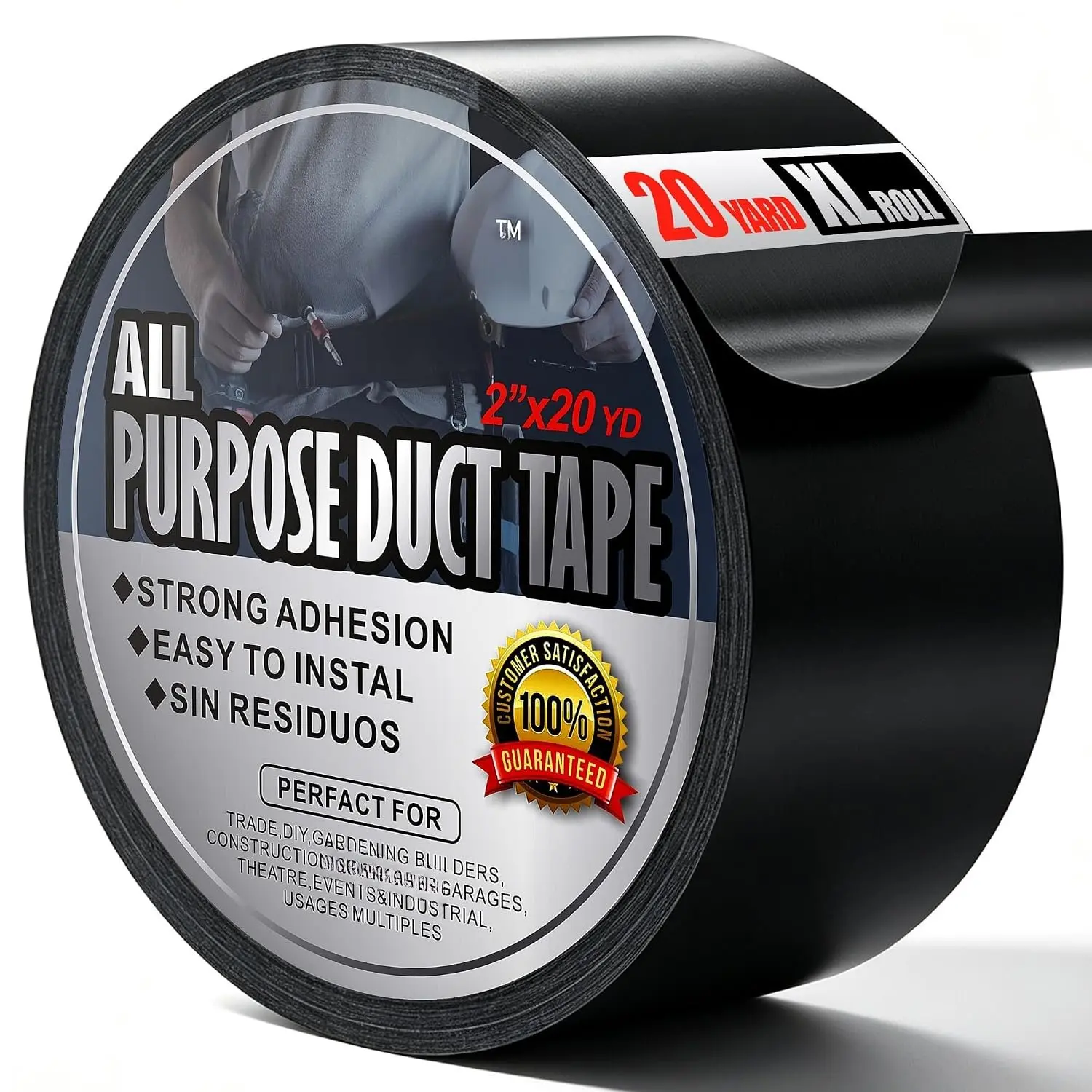 Black Duct Tape, -Free for Repair &  DIY, 2" x20Yds | Heavy Duty,  by Hand & Industrial Strength Adhesive,  Multi-Purpose Tape for Moving, Easy to Apply,  Hold