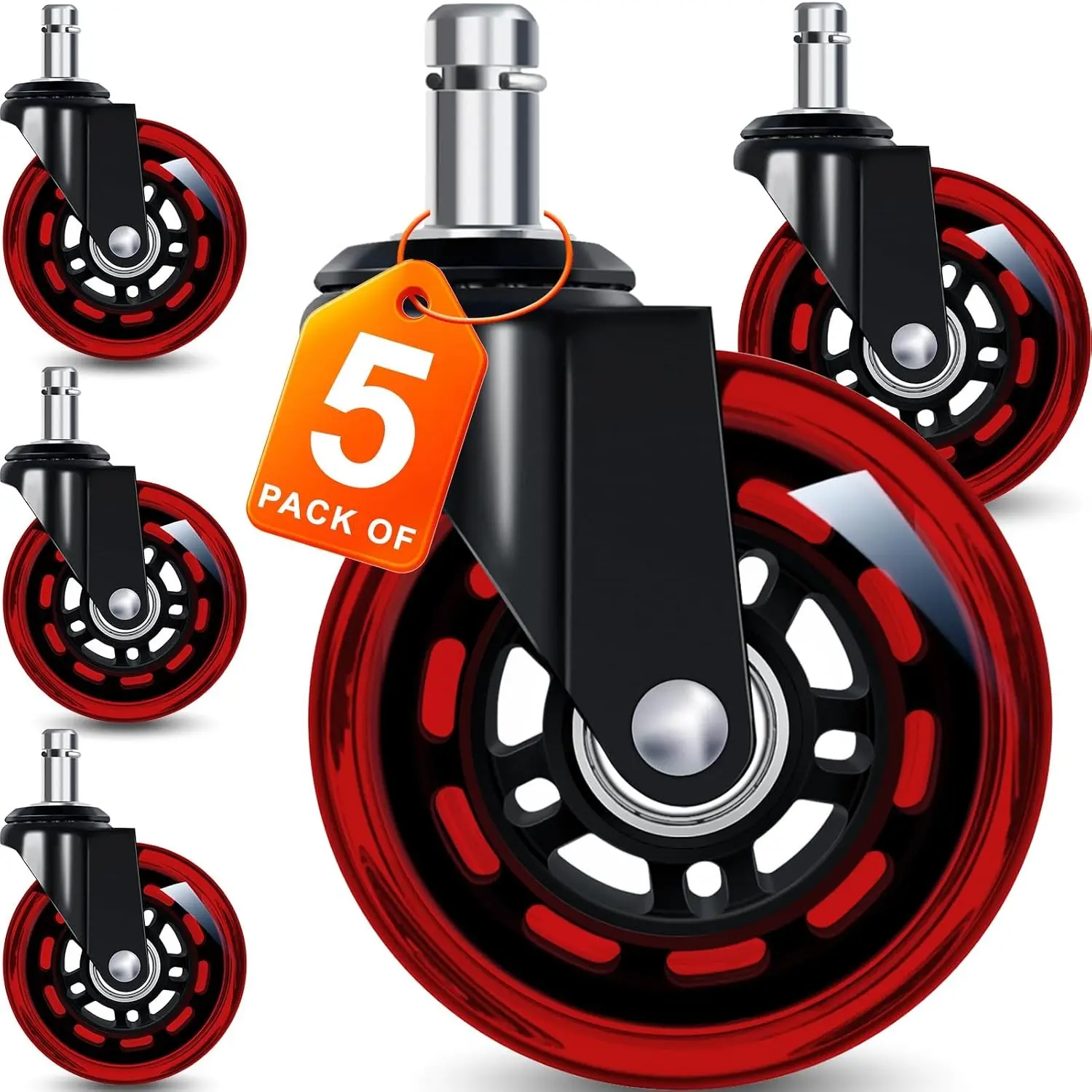 3" Rubber Desk Chair Caster Wheels Replacement - Smooth Rolling, Safe for All Floors (Hardwood, Carpet) - Set of 5, Red, Rubber Wheels