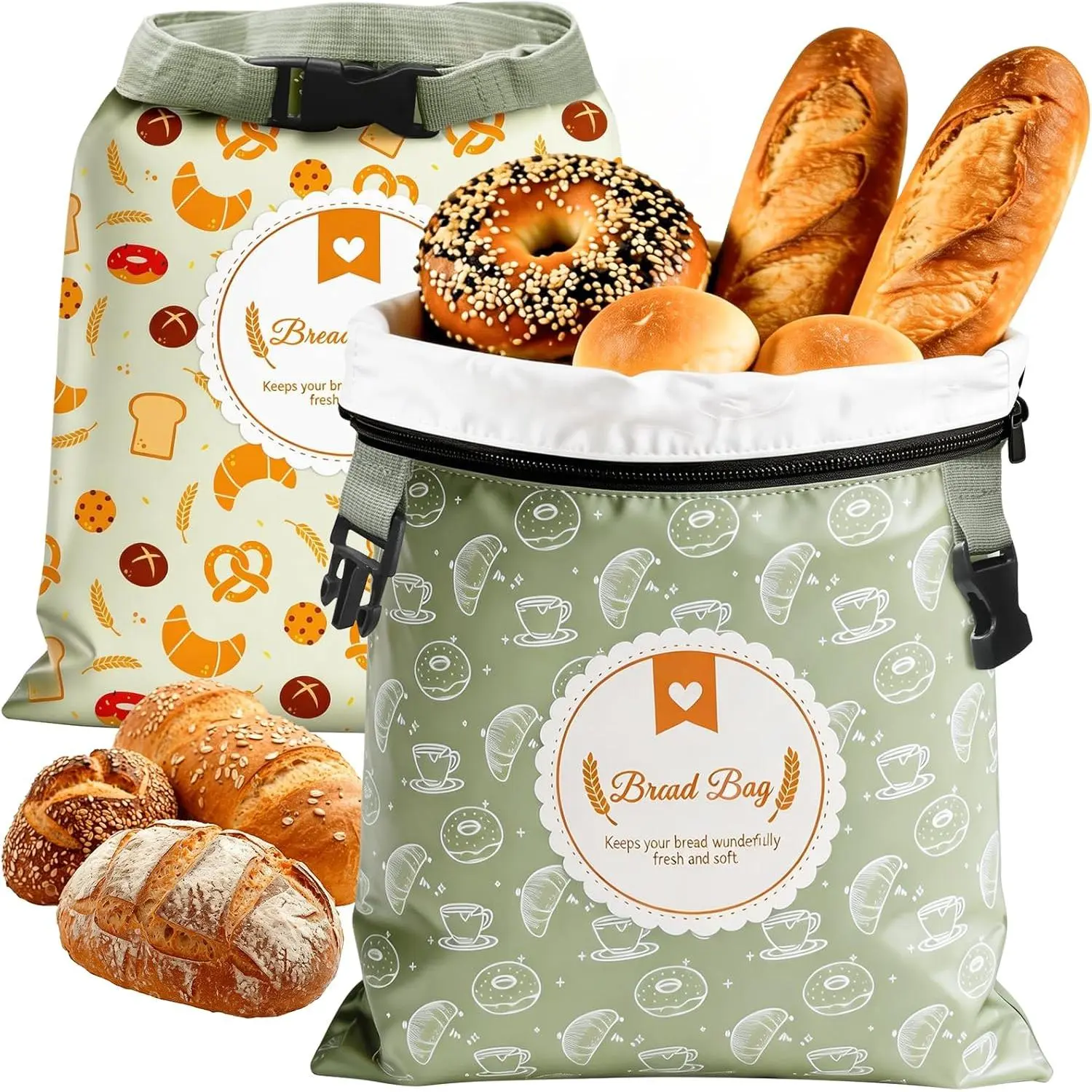 2 Pack Bread Bags for Homemade Bread, 17"×13"  Bread Bag for  Keeping with Lining & Zipper, Freezer Safe & ,  Giving (Green & Yellow)
