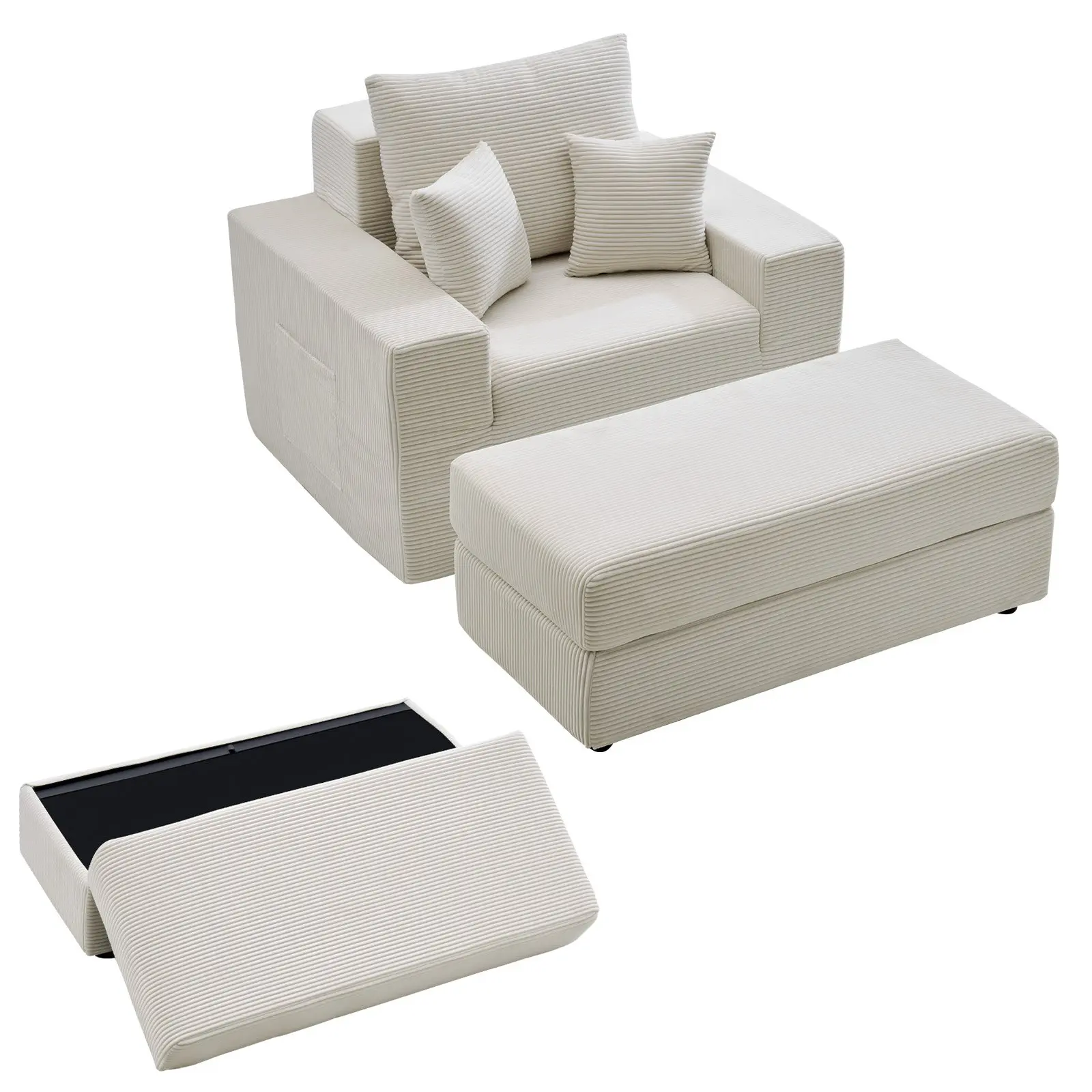 【Summerfinds】VEVOR 44-in Boneless Modular Chaise Lounge Chair, Oversized Corduroy Indoor Reading Chair with Throw Pillows & Armrests, Deep-Seat Sleeper for Living Room, Bedroom, Beige