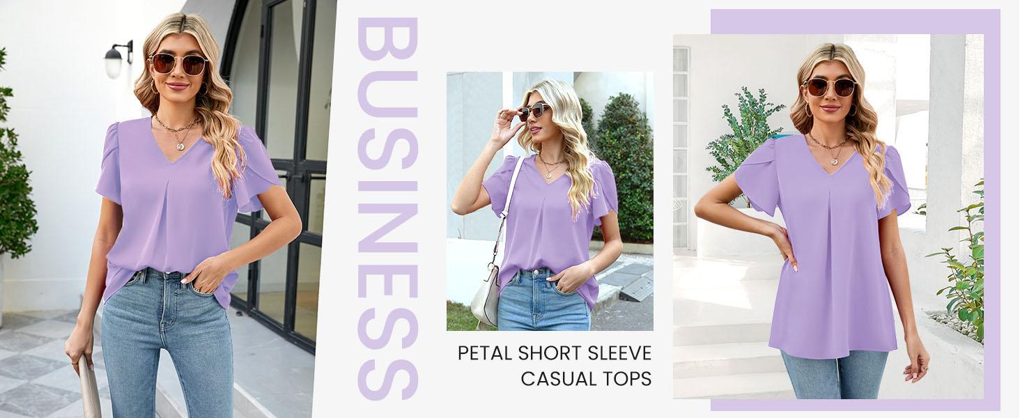 Women's Summer Tops Short Sleeve Dressy Chiffon Blouses V Neck Work Tunic Tops Casual Loose T-Shirts with Pleated Stitched A-Line Design #Springfresh