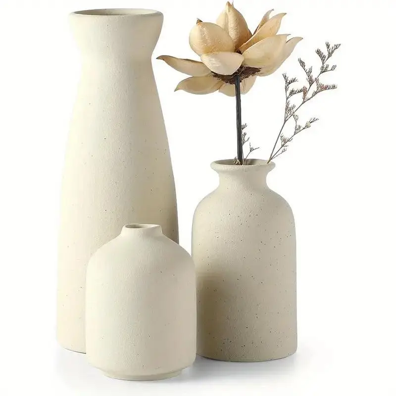 3 Piece Neutral Bohemian Ceramic Vase Set, Matte Finish, Cylinder Shape, Elegant Home and Living Room Decor, Ideal Mother's Day Gift