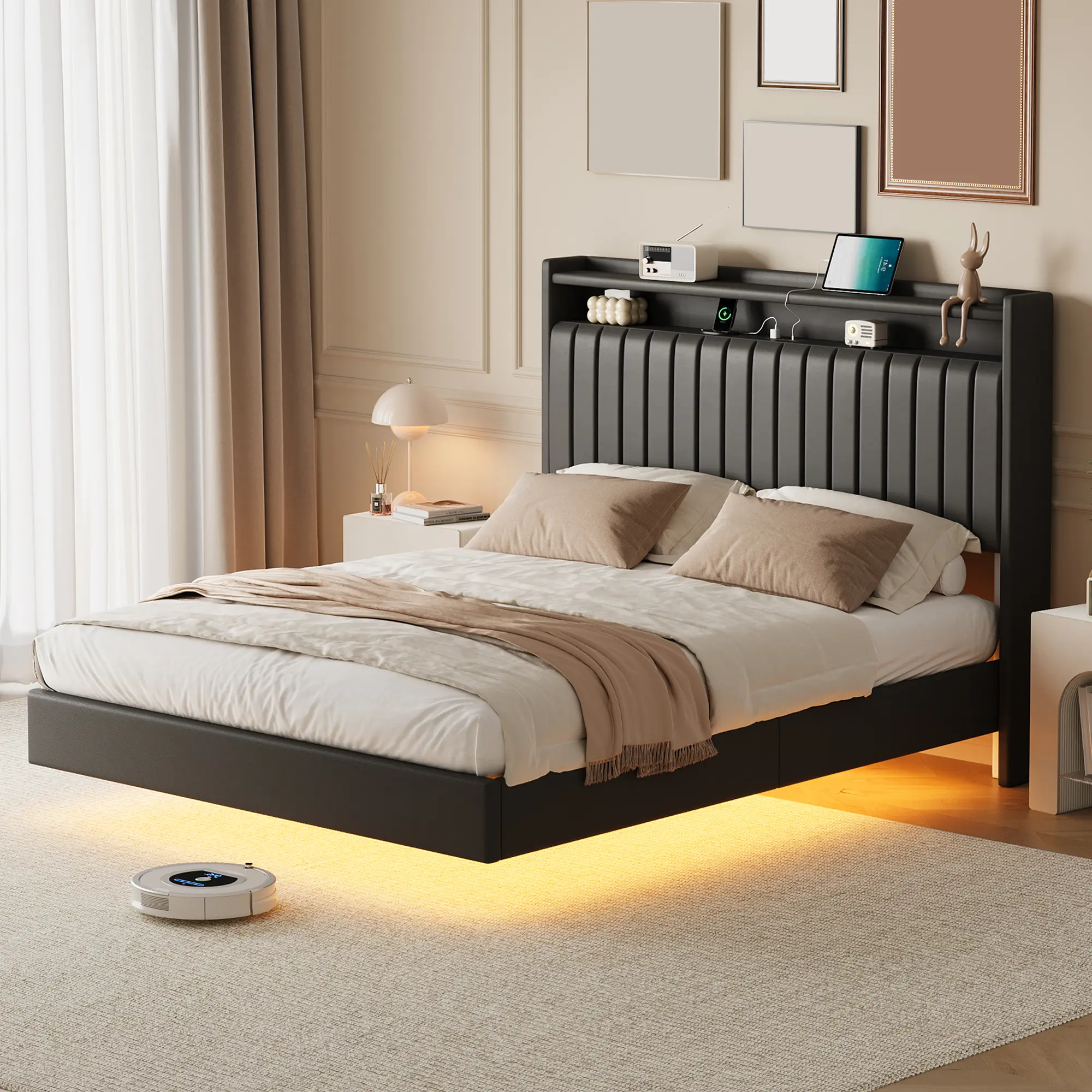 Luxury Floating Bed Frame with 50" Leather Headboard, RGB LED Lights & Charging Station, Storage Drawers, No Box Spring Needed, White/Black