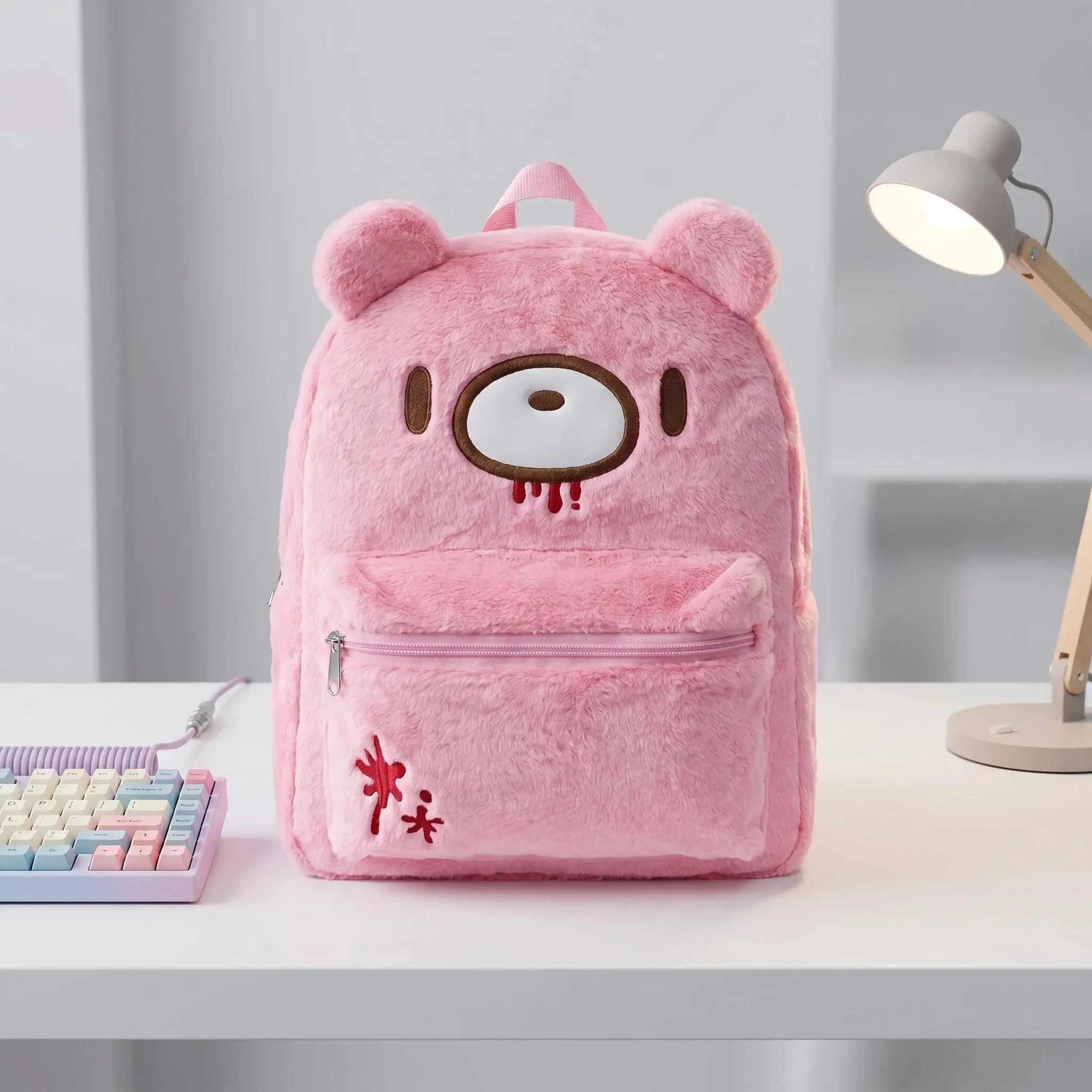 Cute Bear Plush Backpack Kawaii Blood Embroidery Large Capacity School Bag Cute Fuzzy Daypack for Women Girls Travel Casual