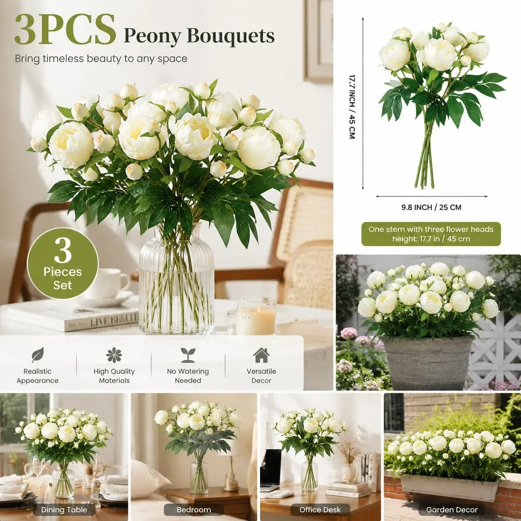 3-Piece Set Artificial Peony Flowers, Light Silk Peonies, Faux Peonies, Fake Peony Bouquet Decorations for Table, Wedding, Party, Home Decoration