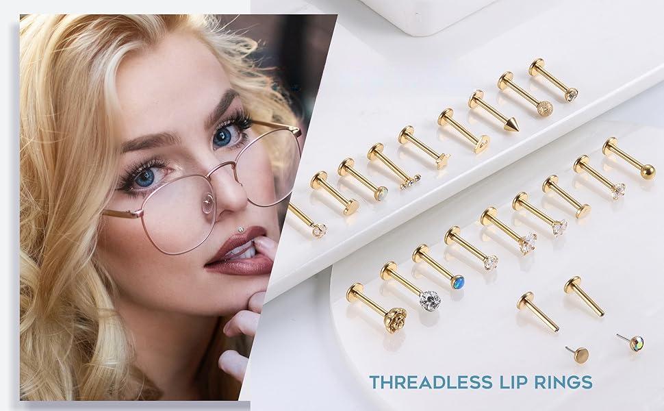 DB- Set of 20 Threadless Push-Fit Lip Rings - Stainless Steel Tragus, Helix, and Nose Studs - Unisex Monroe Lip & Cartilage Piercing Jewelry-DB