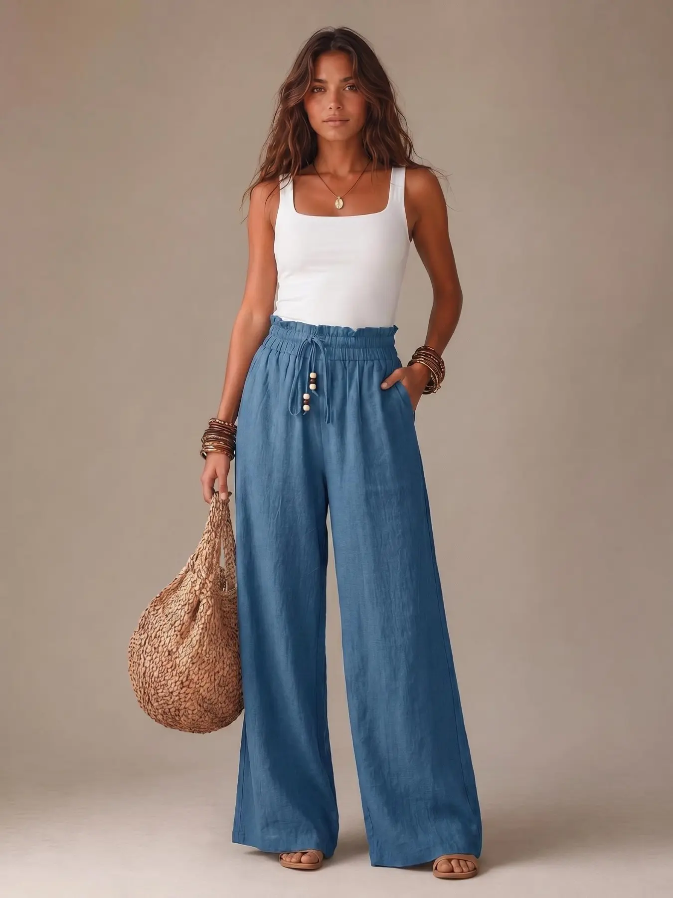 Women's High-Waisted Loose Long Pants, Elastic Waist Drawstring Design, Pure Cotton, Comfortable Breathable, Casual All-Season Wear