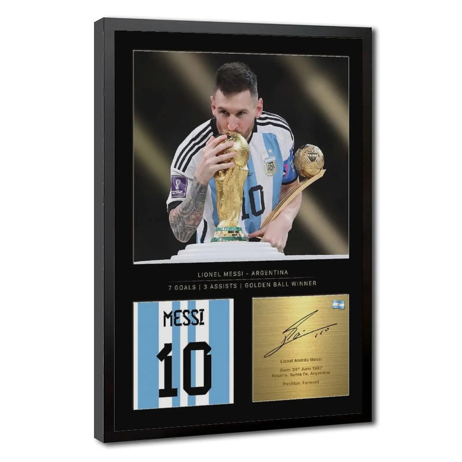 Lionel Messi Celebratory 2022 Wall Art Print Framed Style Football Star Trophy Portrait #10 Jersey Reproduced Digital Signature Gift For Football Fans
