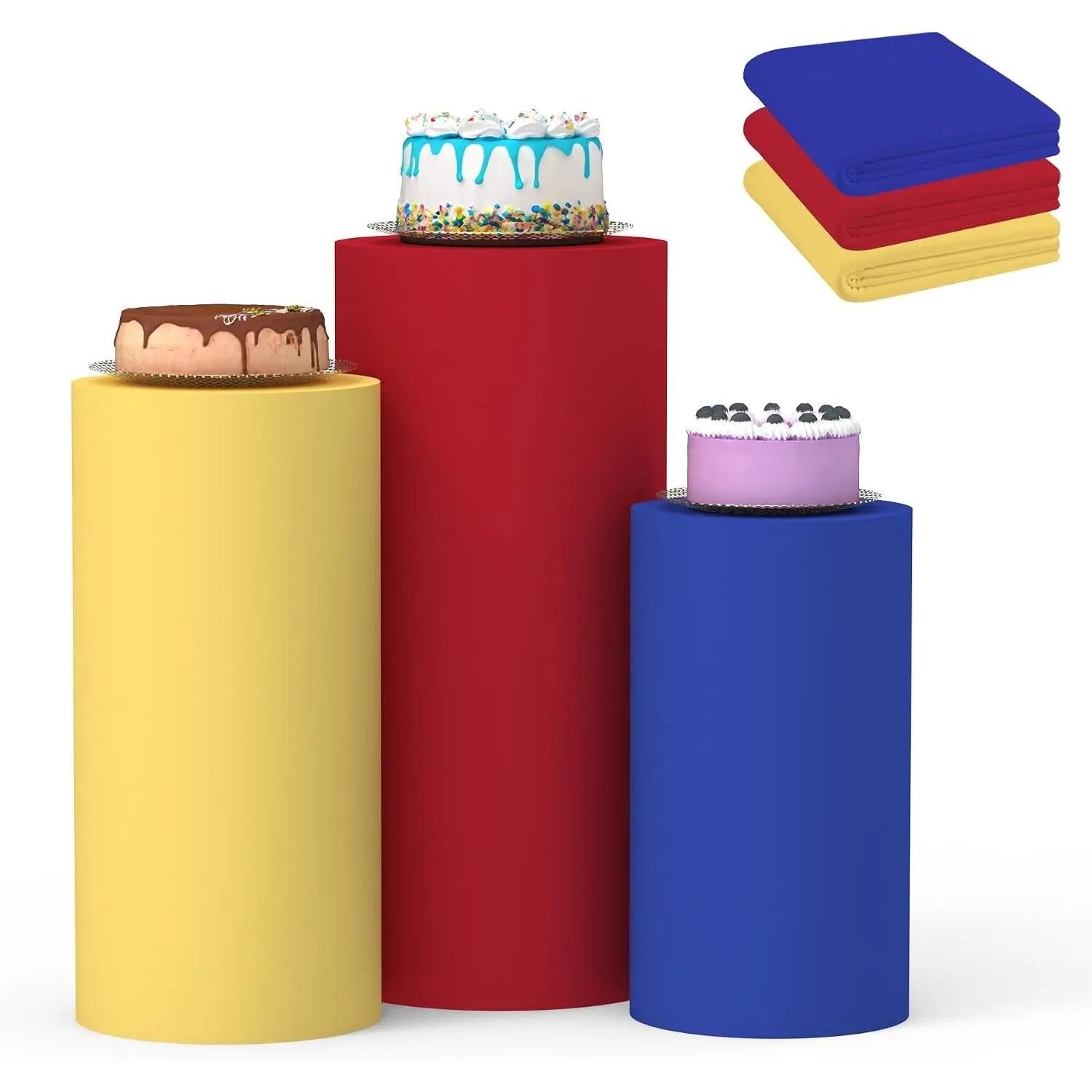 Cylinder Covers Set of 3, Round Pedestal Cylinder Stand Covers for Wedding Party Birthday Display, Cylinder Stands Not Included, Blue Yellow Red, L+XL+XXL