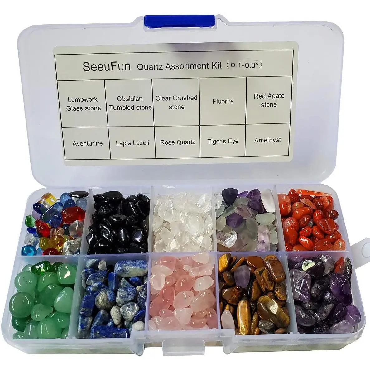 SeeuFun Assorted Mini Crystal Stone Tumbled Chips, Fluorite, Tiger's Eye, Rose Quartz, Amethyst (1/2 Pound)