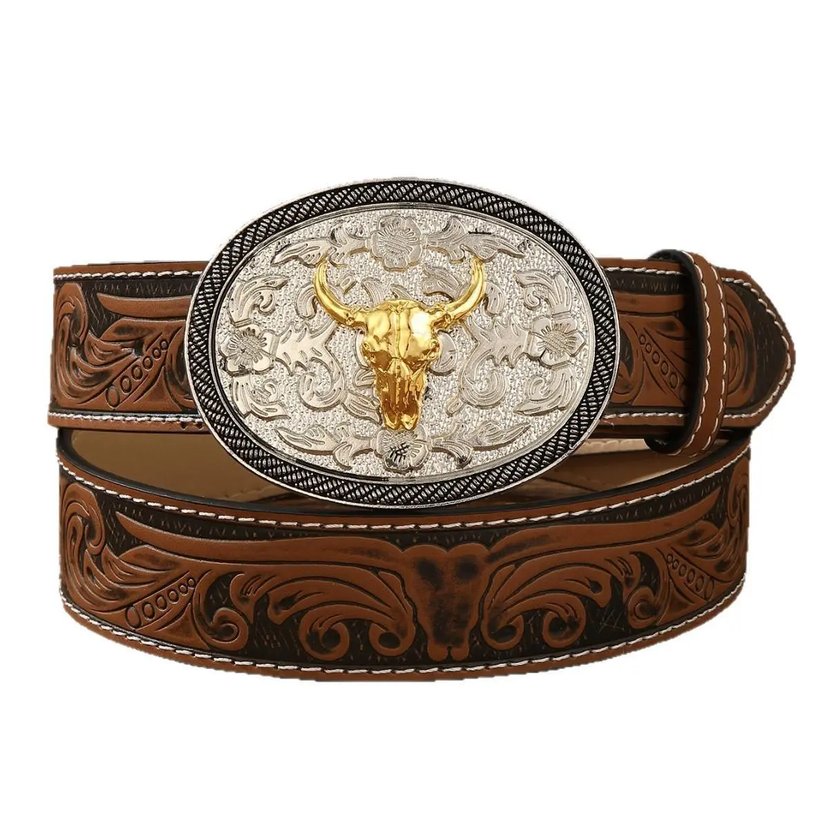 Men's Western Cowboy Belt - Heavy Duty PU, Artisan Western Style, Gold Bull Head Large Buckle, Tooled Floral Flowers Pattern, Casual Men's Belt, Men's Belts, Cowboy Classic Men's Belts