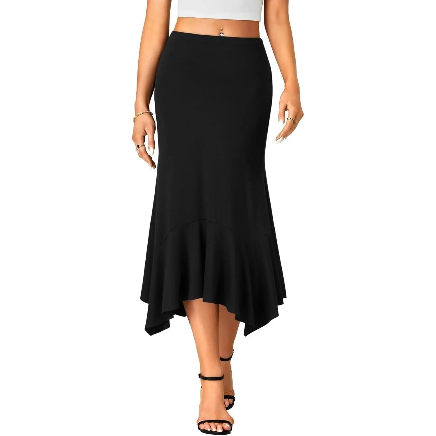 Lady's High-Waisted Flowy A-Line Midi Skirt, Elastic Fit Bottom, Asymmetrical Handkerchief Hemline, Casual Ruffle Solid Skirt