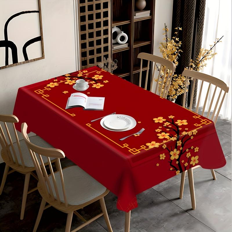A Flat 2D Banner, 1pc of Red Plum Blossom Tablecloth - a Traditional Chinese Square Polyester Table Cover with a Golden Branch Design, Made from Machine-Washable And Easy-To-Clean Material, Suitable for Indoor And Outdoor Parties