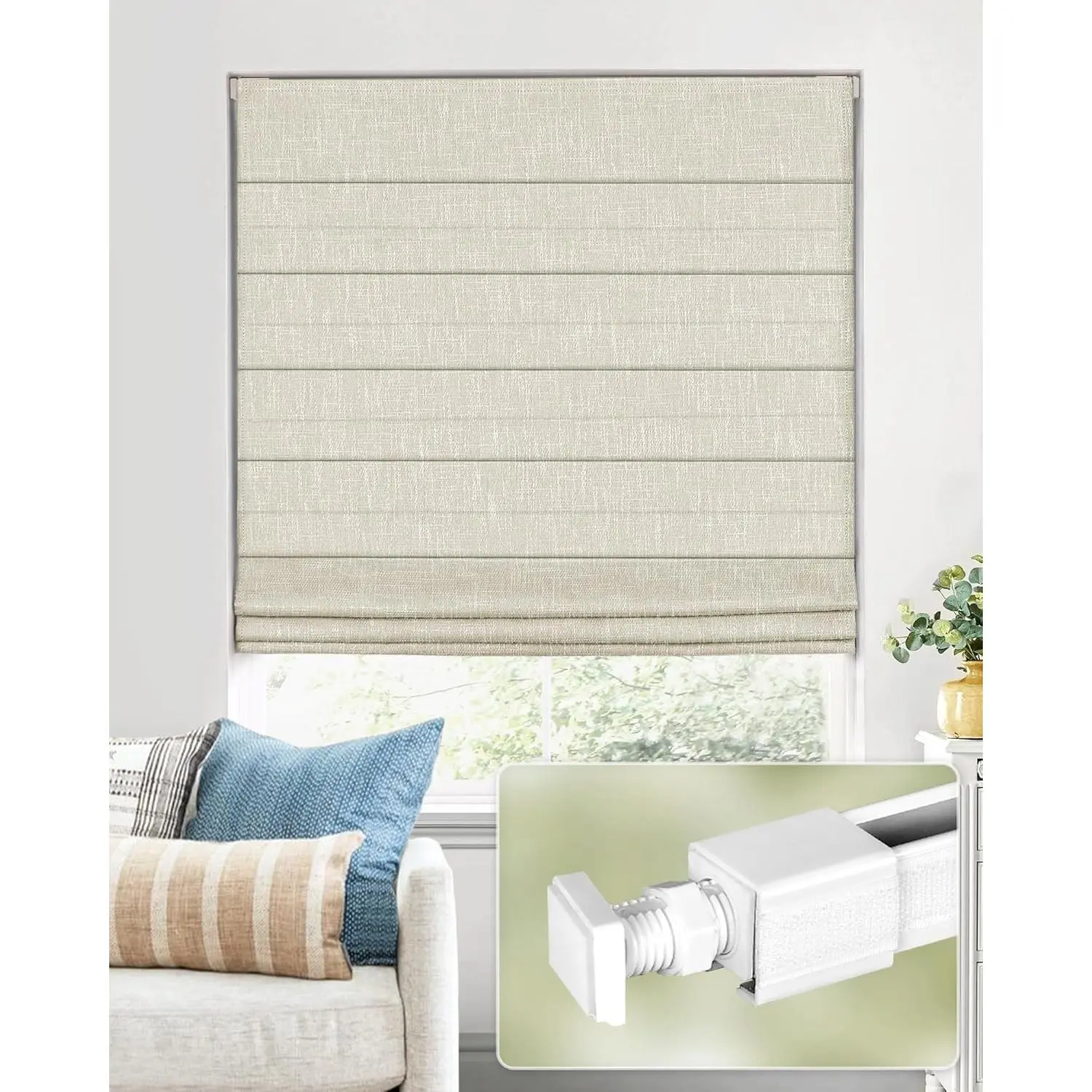 No Drill Cordless Roman Shades, Room Darkening Polyester Fabric, 22×48 in Beige, Easy No-Drilling Installation