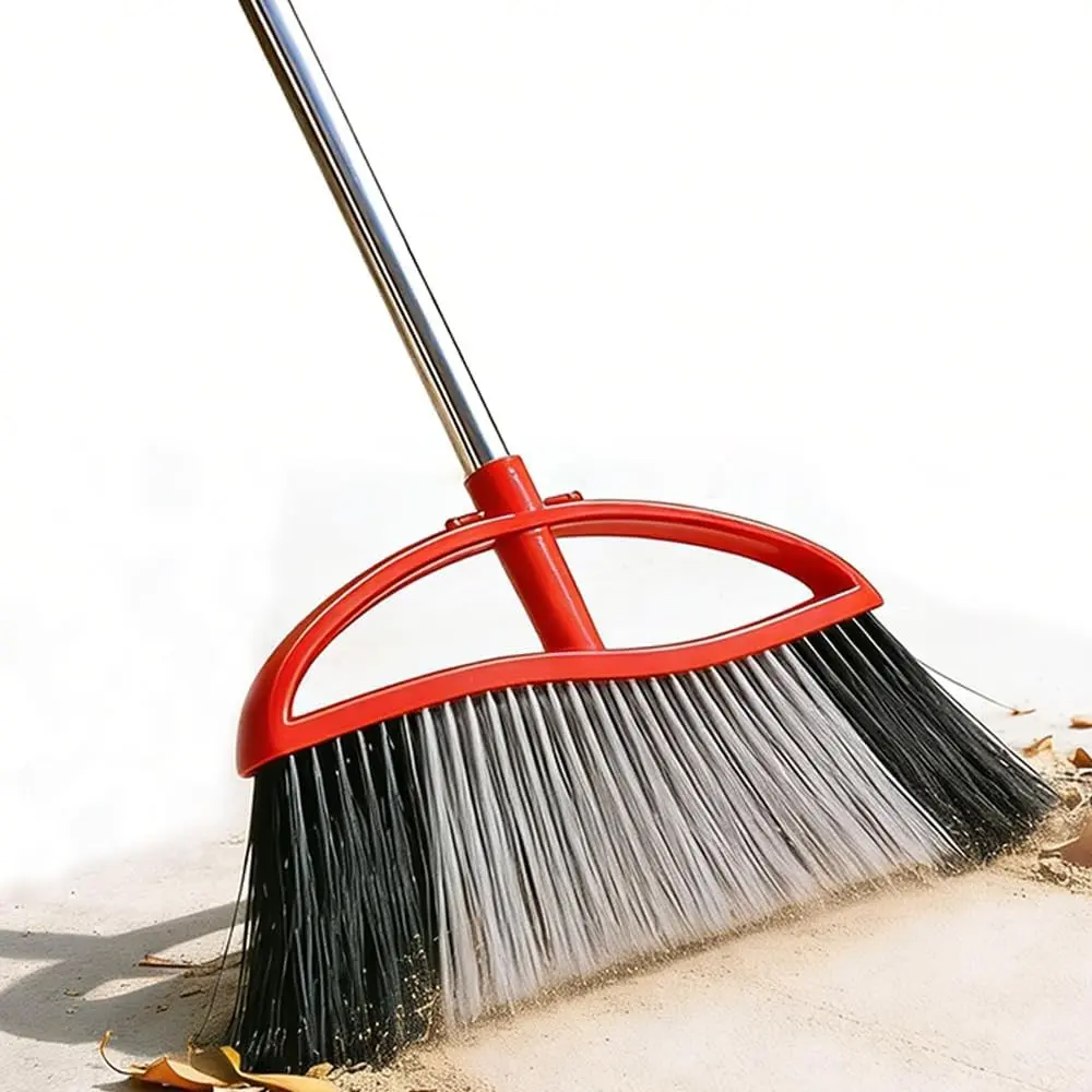Commercial Heavy Duty Outdoor Broom, 15.7" Extra Wide Angle Broom with 4-Layer Stiff Bristles, Adjustable 38-53.5" Handle for Patio Garage Garden Yard Concrete (Red)