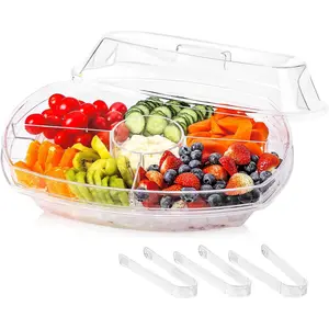 Fruit Ice Serving Tray, Chilled Veggie Tray, Shrimp Cocktail Serving Dish, Appetizer Serving Platter for Parties with Lid and 4 Compartments