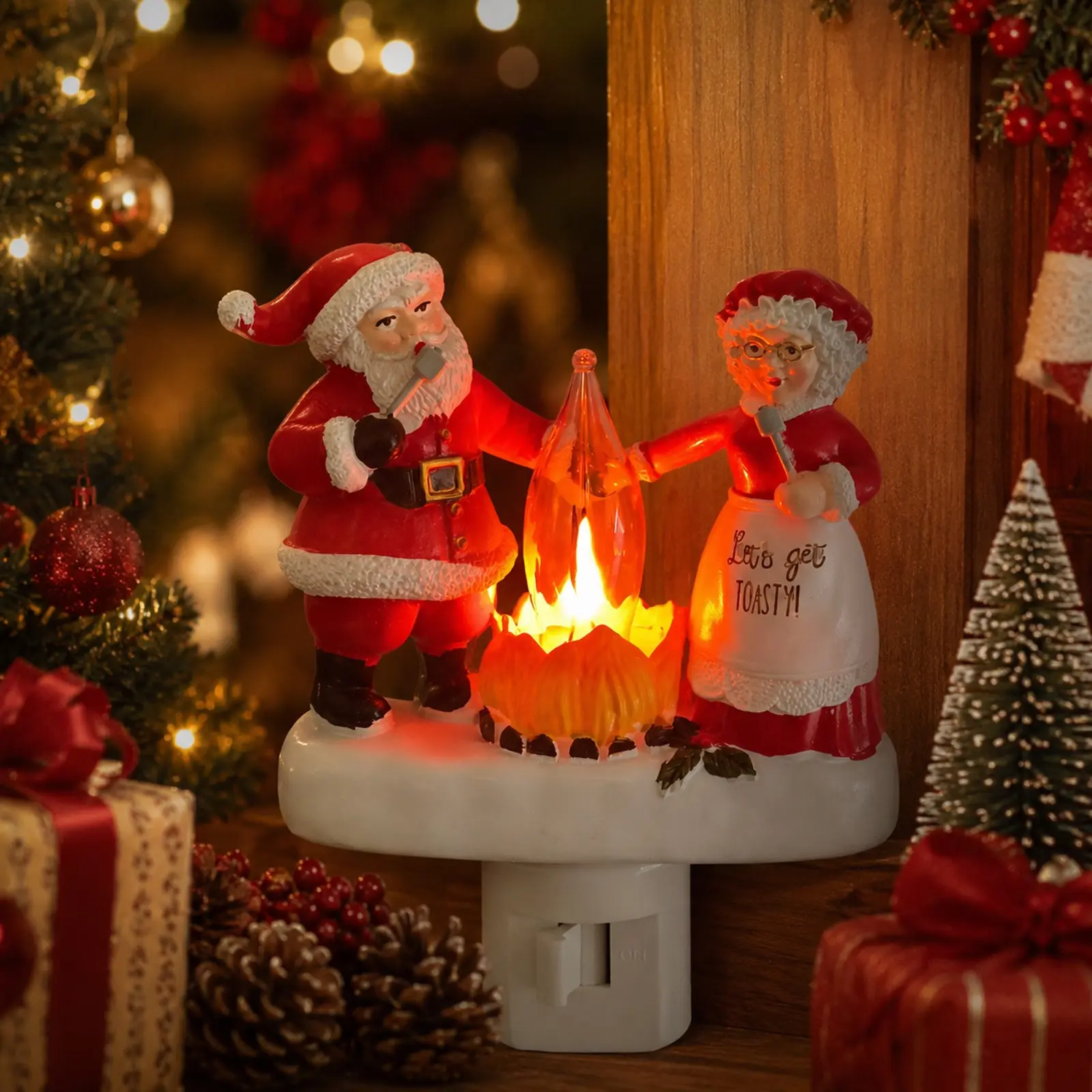 Santa Claus Campfire-Style Flickering Night Light / Plug-in Decorative Night Light / Santa Figurine Home Decor Night Light / Adds a Festive Christmas Atmosphere to the Living Room (Compatible with US Standard Outlets)