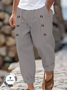 Men's Linen Button-Front Long Pants, Drawstring Waist, Cuffed Ankles, Breathable, Versatile, Vintage Casual Trousers