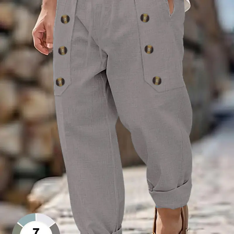 Men's Linen Button-Front Long Pants, Drawstring Waist, Cuffed Ankles, Breathable, Versatile, Casual Fashion Loose, Classy Casual Trousers, Vintage Casual Trousers