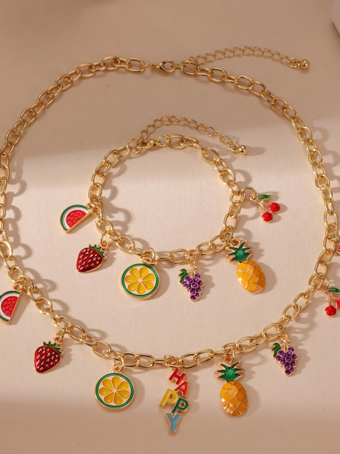 Women's Fruit Necklace Bracelet Set, Watermelon Strawberry Cherry Design, Elegant Summer Jewelry Accessories for Women & Girls