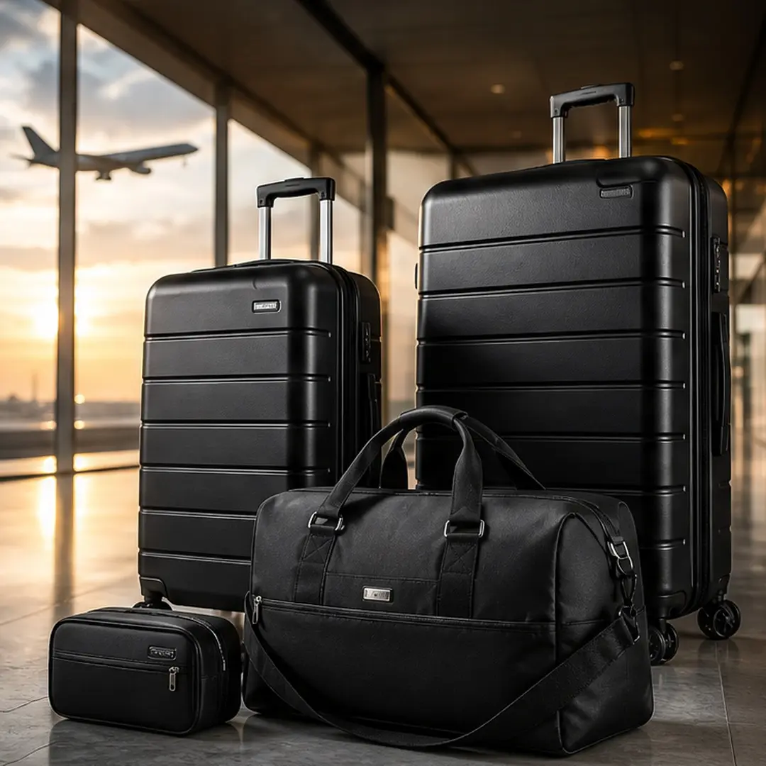 ARCH 4-Piece ABS Hardshell Luggage Set - 20-Inch Carry-On, 28-Inch Checked Suitcase, Travel Duffel Bag, Wet-Dry Toiletry Bag - Spinner Wheels, TSA Approved Lock, Telescopic Handles, ABS Plastic (11.50W x 18.50D, Black) for Travel, Business Trips